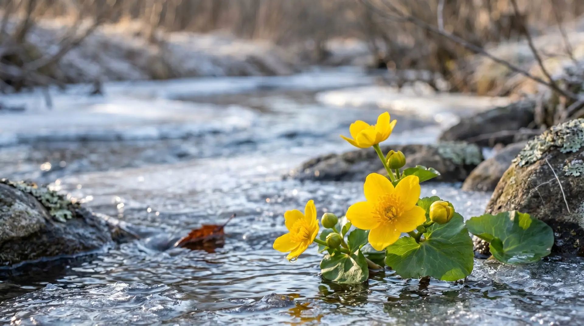 Yellow marsh marigold blooming at thawing stream edge representing Jan 30 happiness coming