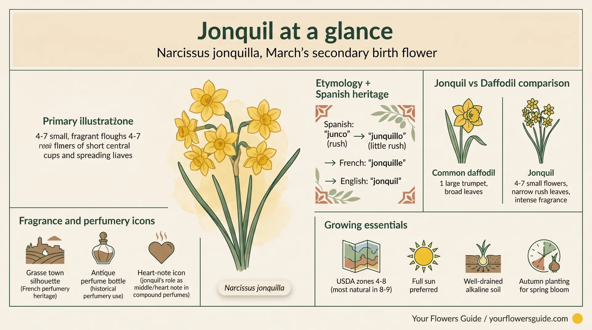Jonquil at a glance infographic showing botany, etymology, daffodil comparison, fragrance, and growing