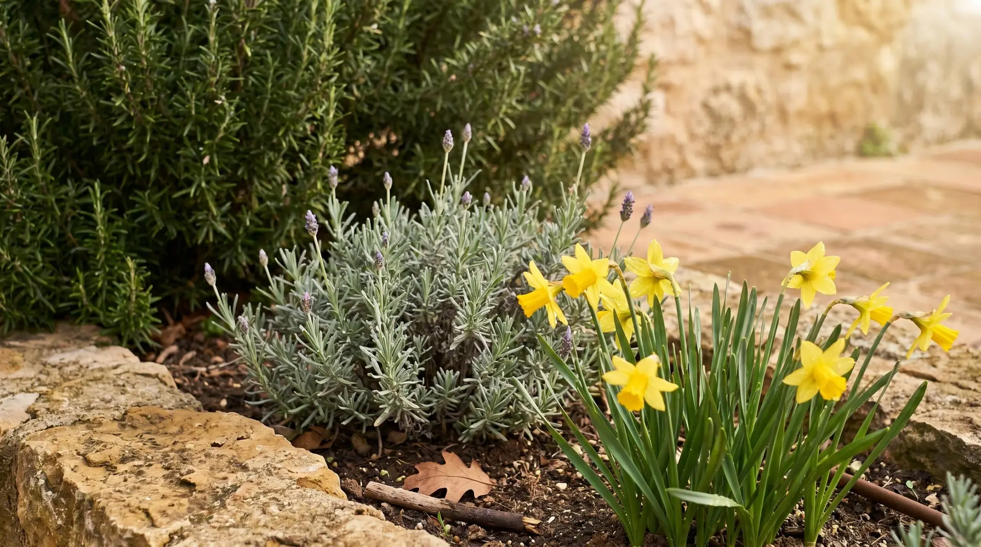 Jonquils growing with rosemary and lavender in Mediterranean garden corner with stone edge