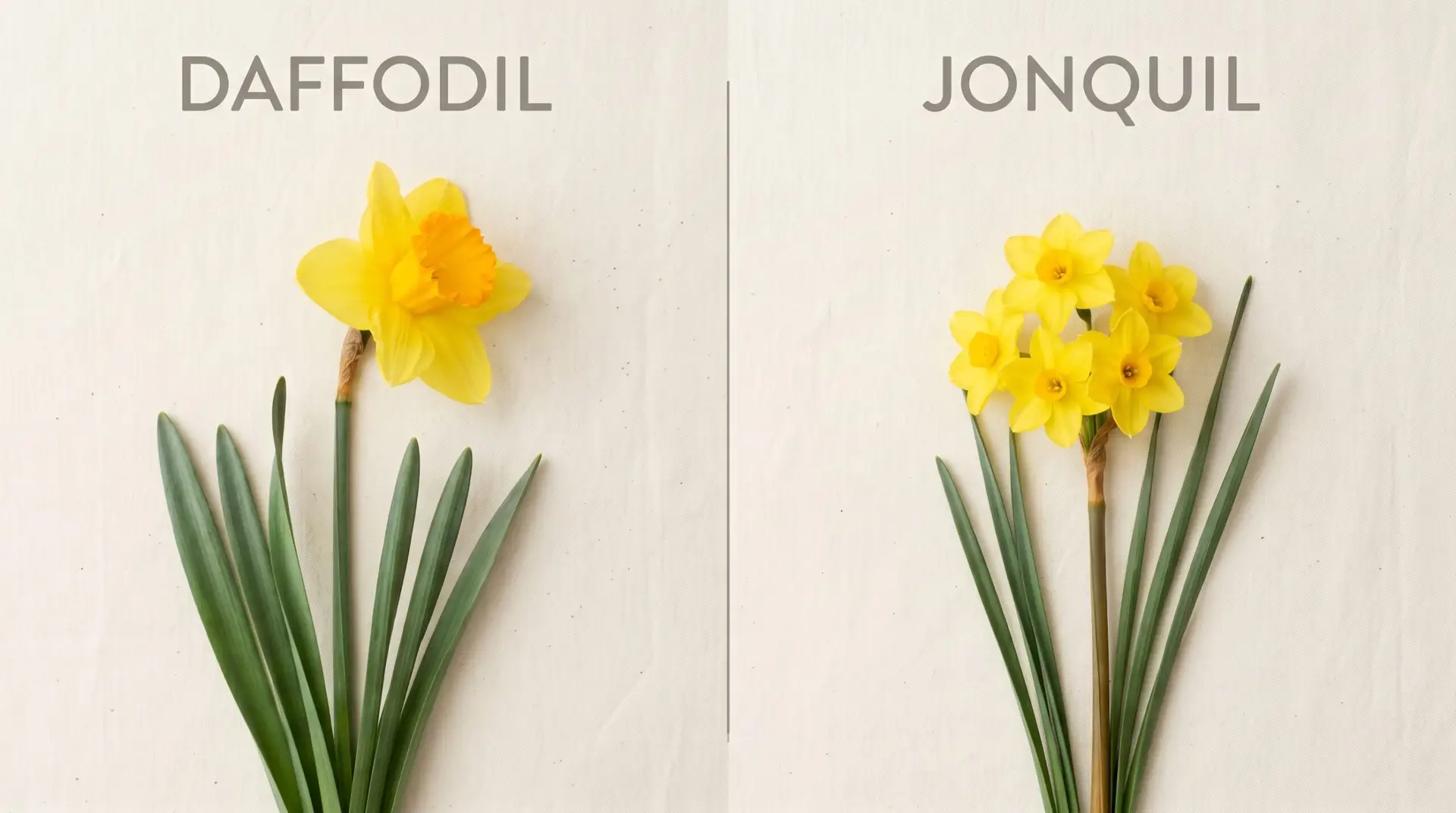 Split-frame comparison of common daffodil with broad leaves and jonquil with narrow rush-like leaves