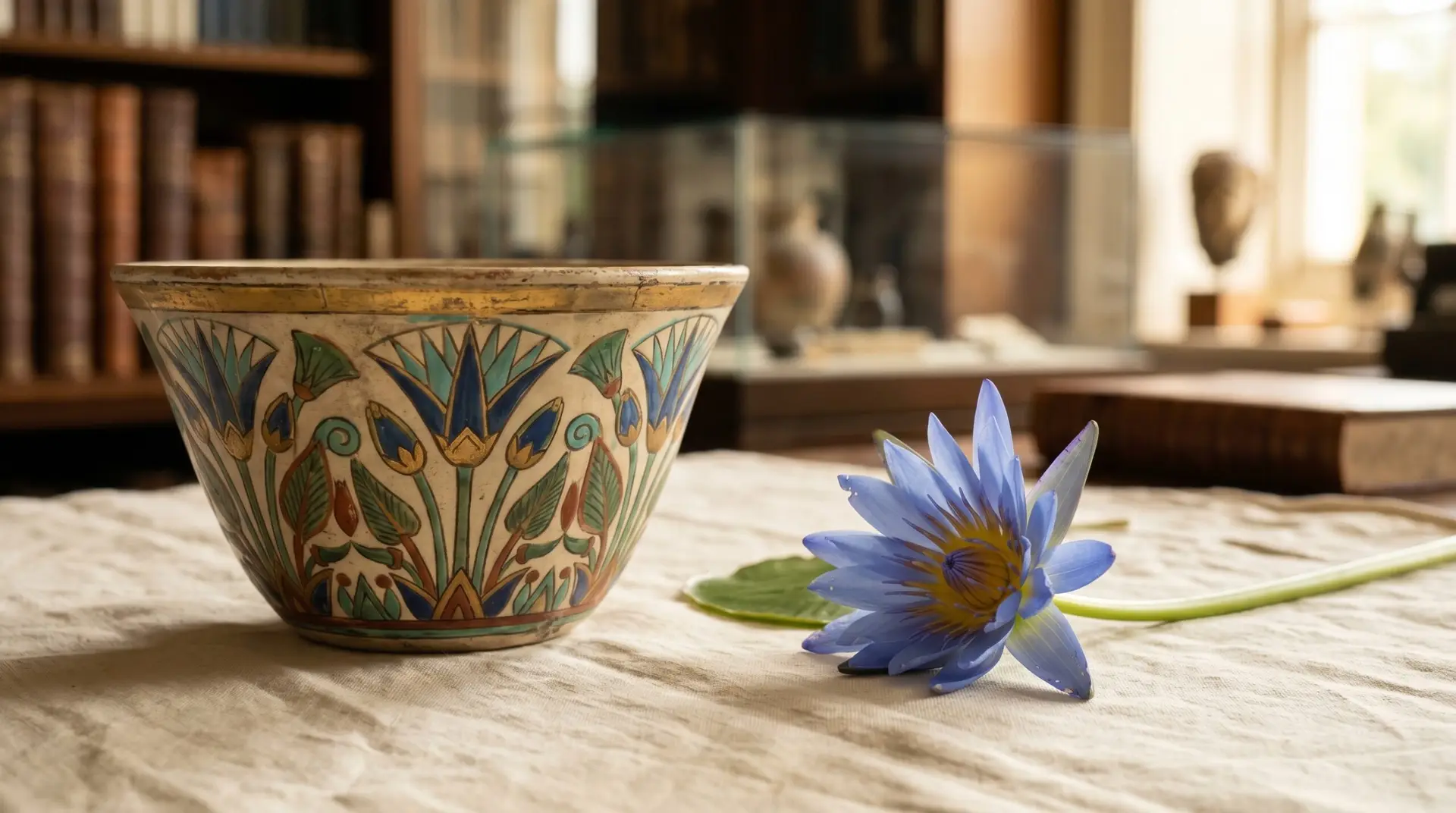 Egyptian-style decorative bowl with water lily motif beside fresh blue Egyptian water lily on cream linen