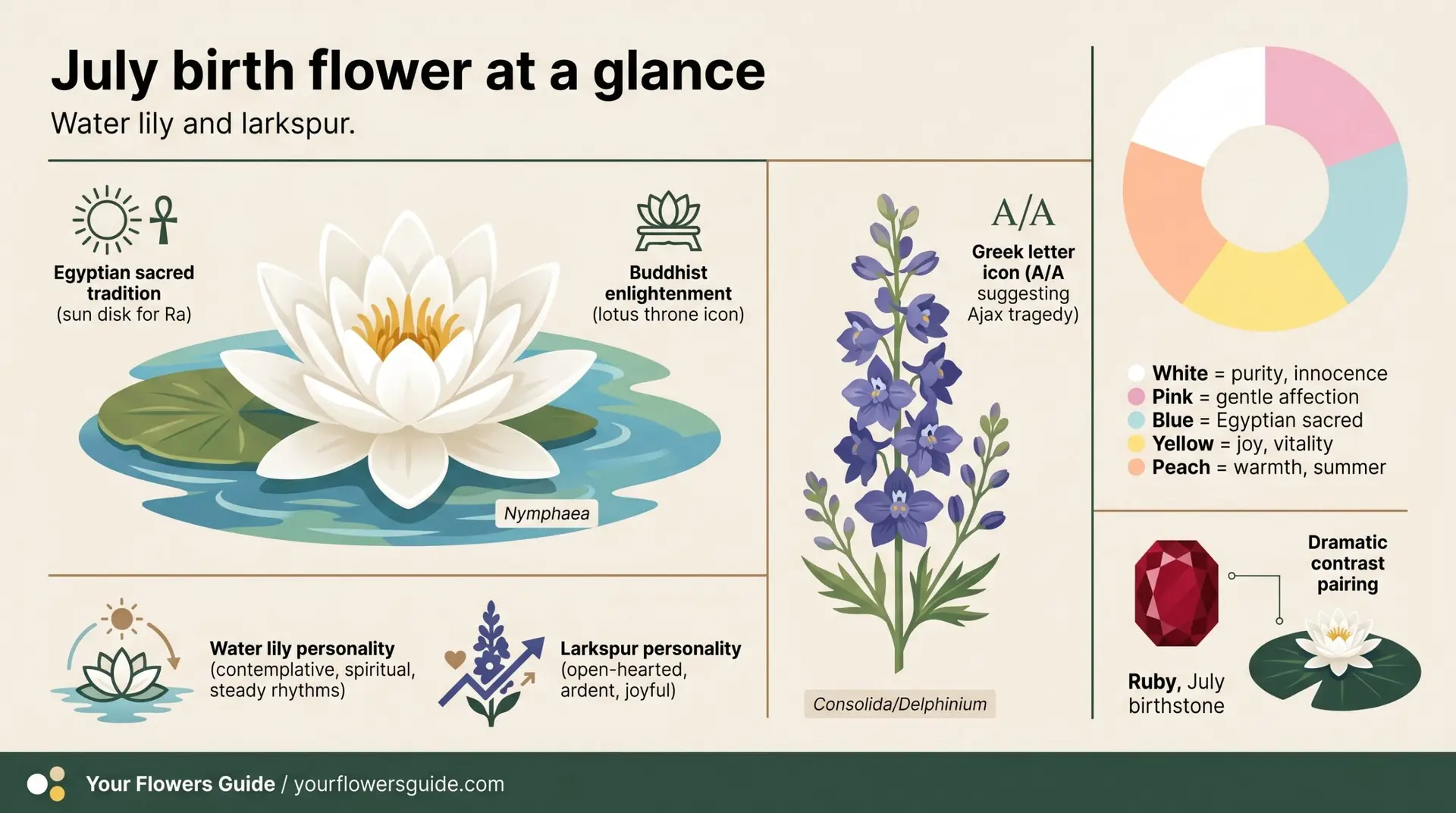 July birth flower at a glance infographic showing water lily larkspur color wheel and ruby pairing