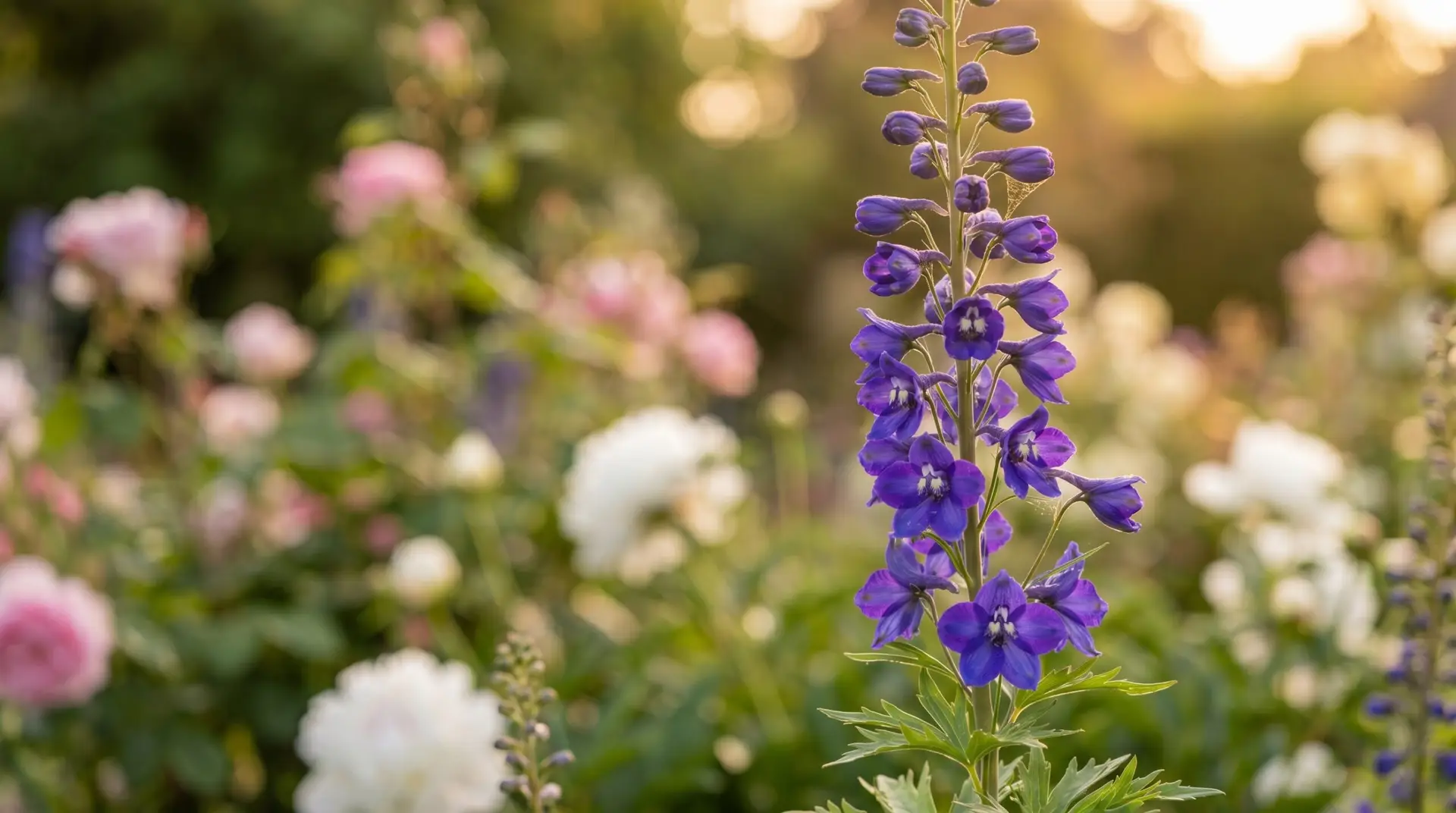 Tall deep-blue-purple larkspur or delphinium spire in full bloom in summer cottage garden setting