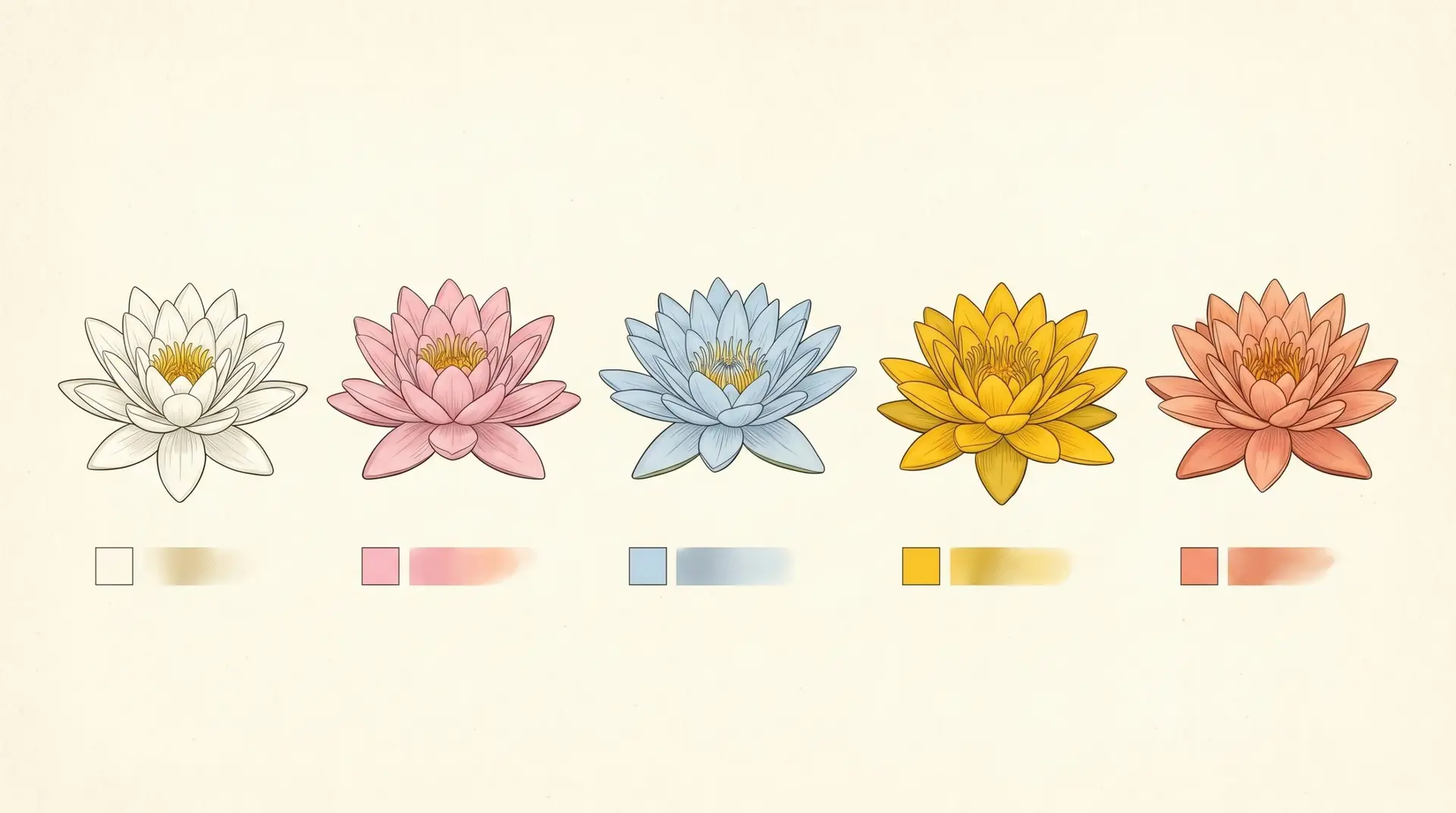 Five water lily colors in botanical illustration: white pink Egyptian blue yellow and peach hybrid