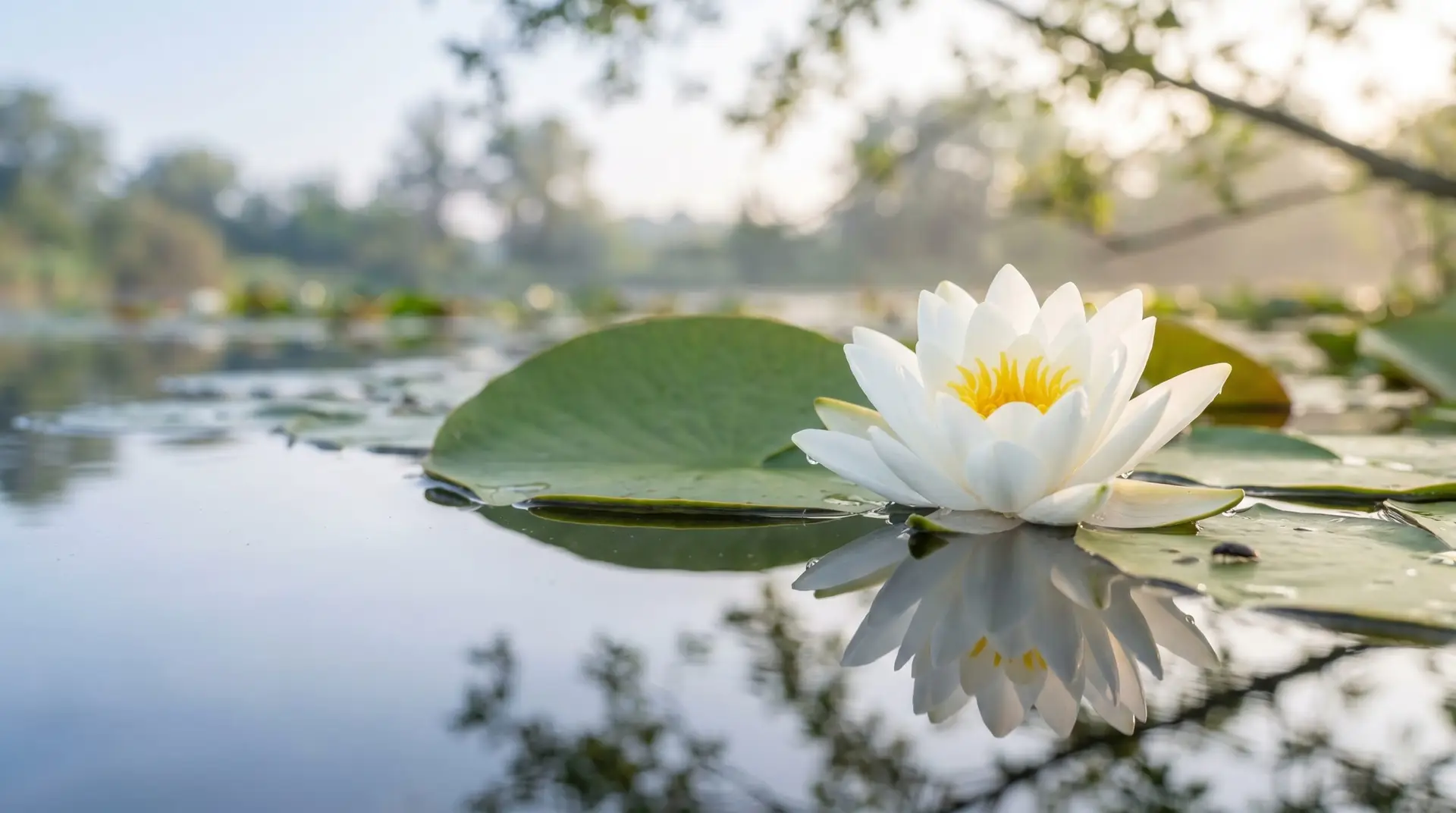 Single fully-opened pure white European water lily floating on still pond water with green lily pads