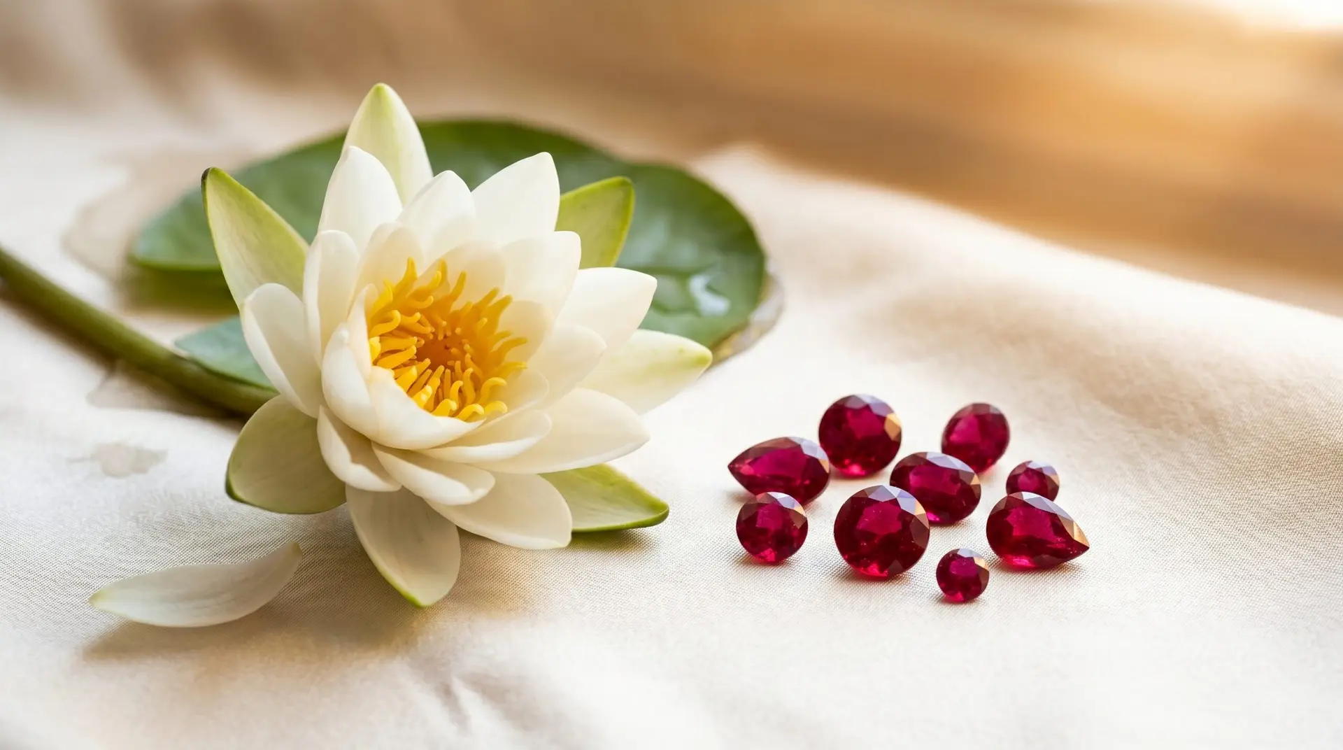 White water lily bloom alongside scattered loose deep red faceted ruby stones on cream silk