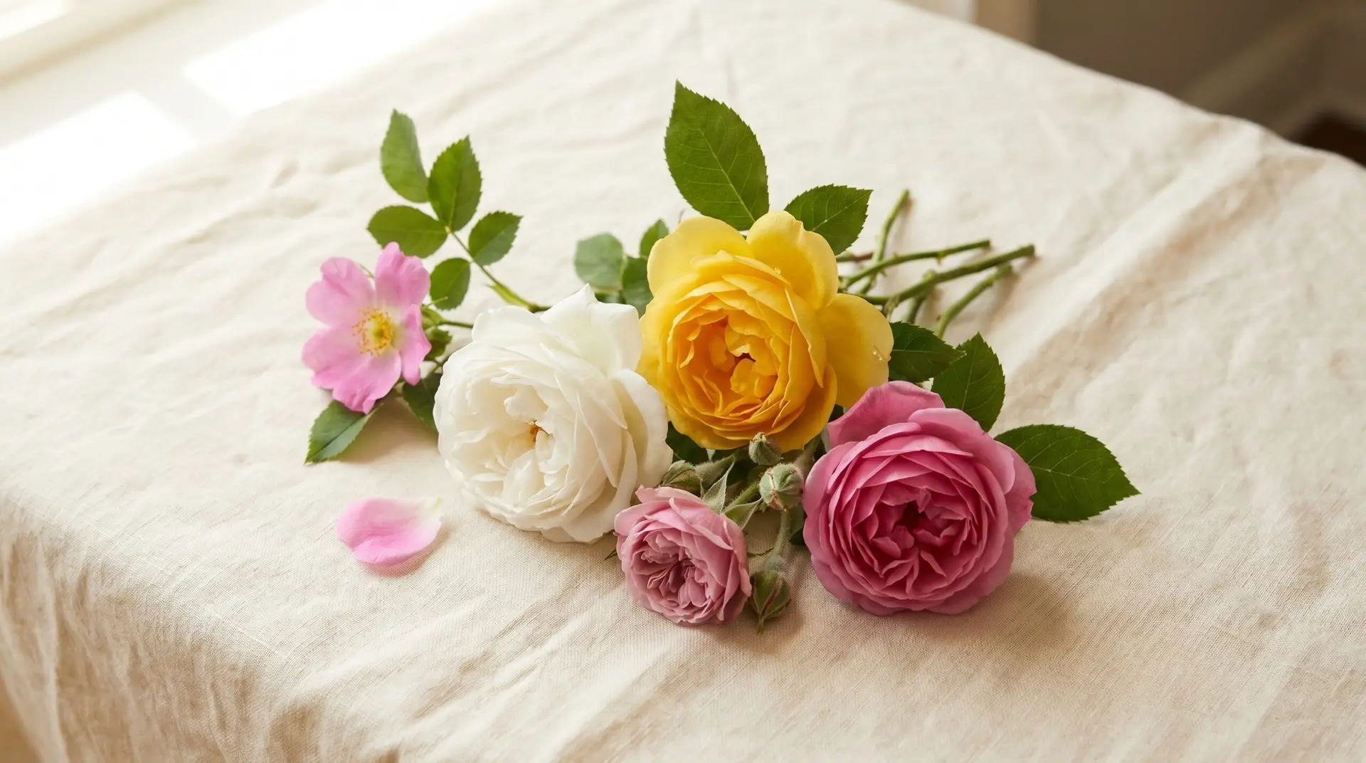 Cluster of multiple July rose varieties on cream linen: briar white yellow moss and pink rose