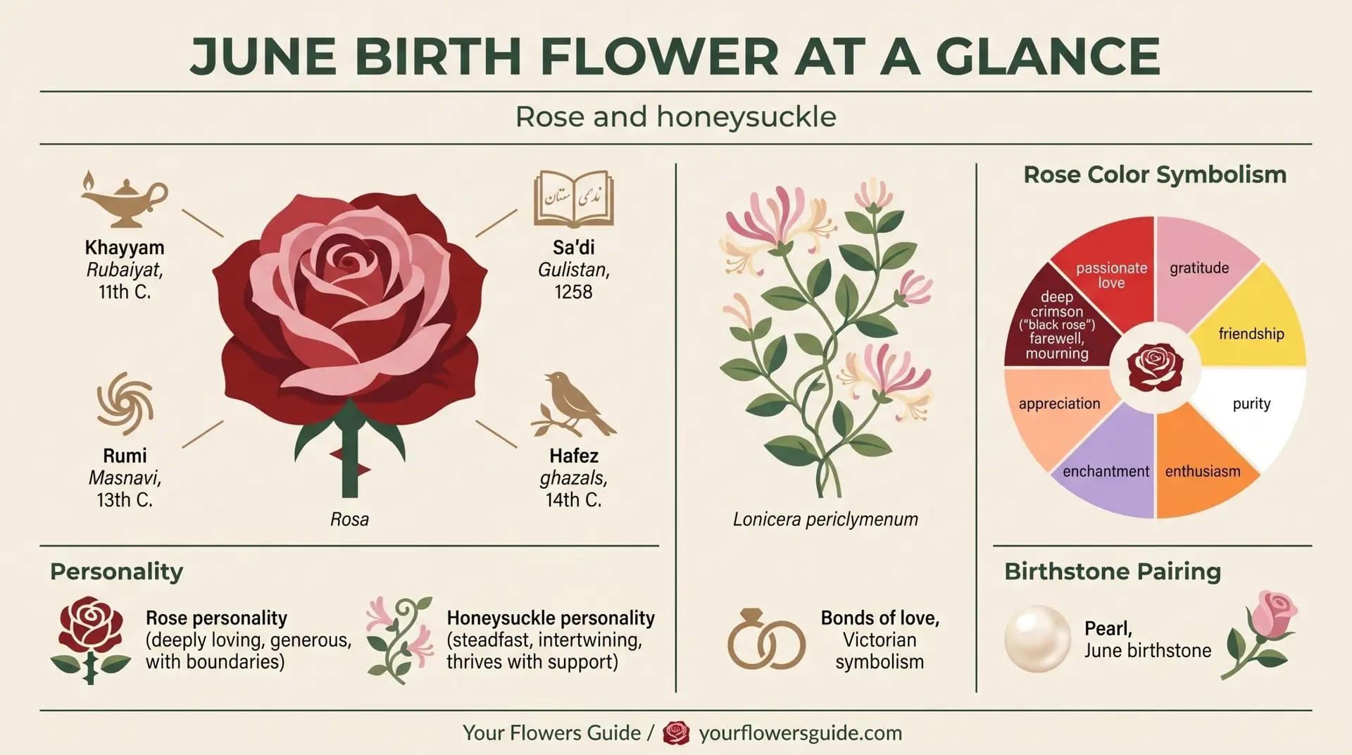 June birth flower at a glance infographic showing rose honeysuckle Persian poetry and pearl