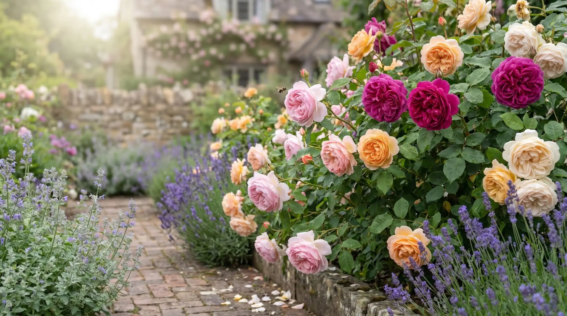 David Austin-style English rose garden in full June bloom with lavender and catmint companions