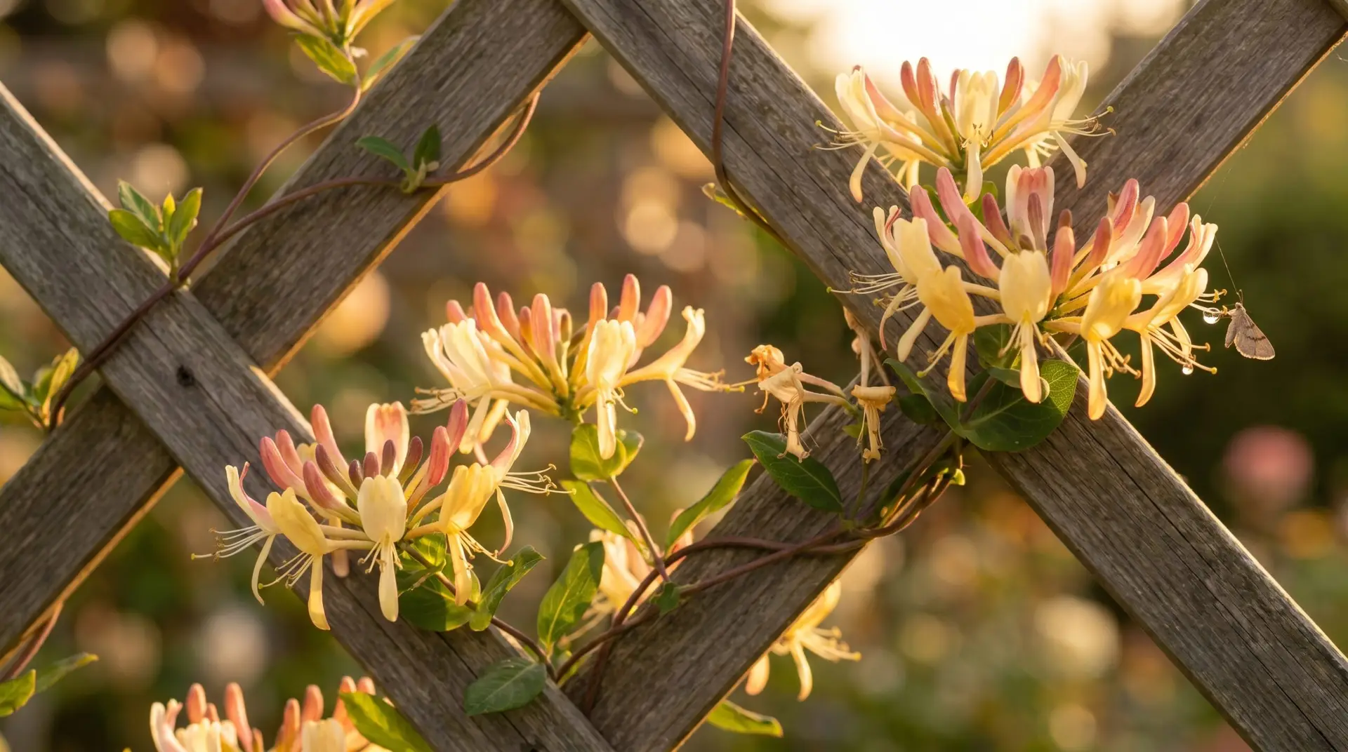 European honeysuckle climbing weathered wooden trellis with cream-yellow tubular flowers in evening light
