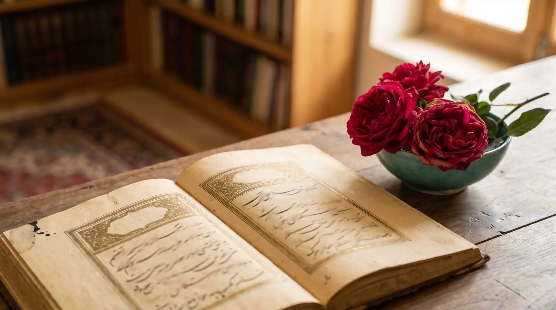 Open antique book with Persian calligraphic text beside deep red Damask rose bouquet in ceramic bowl