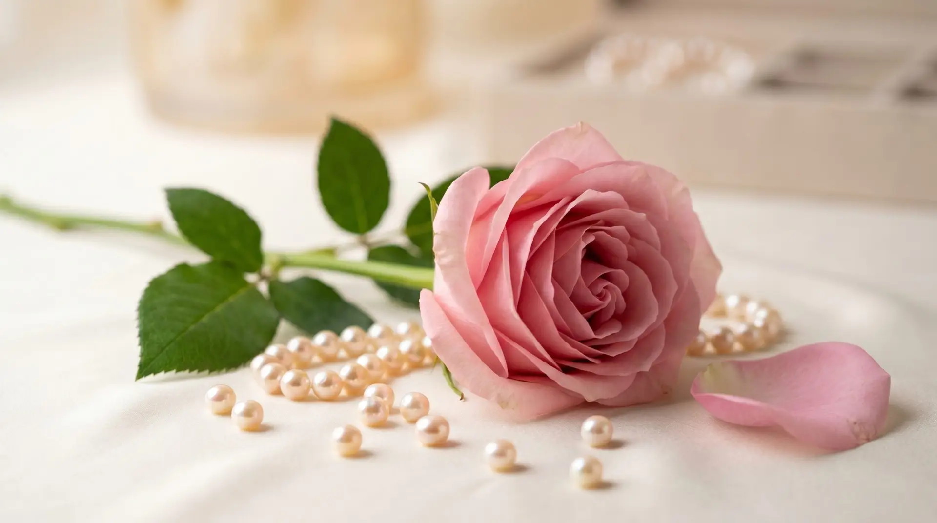 Fresh pink rose alongside string of pearls and loose individual pearls on cream silk surface