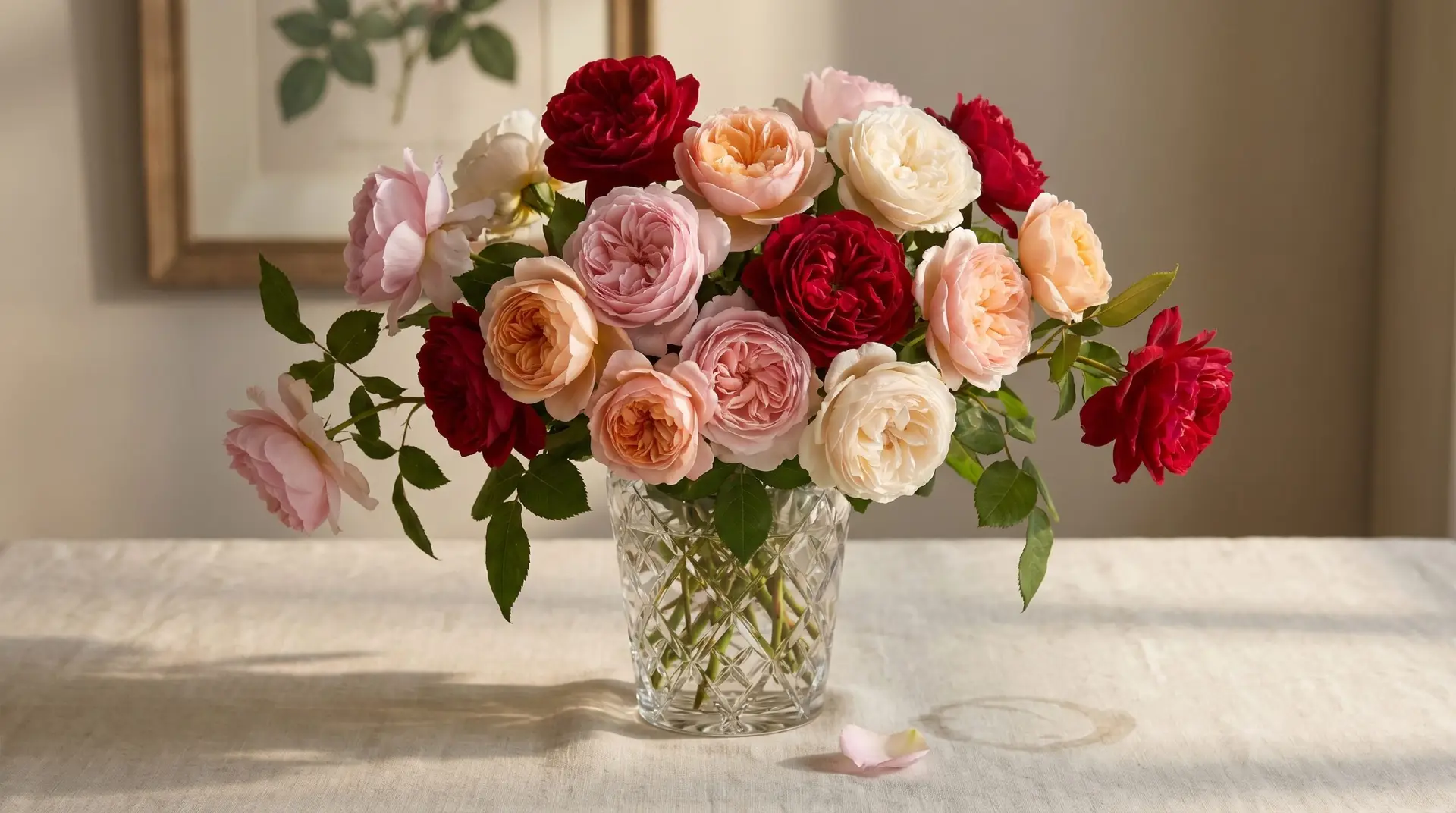 Lush mixed-color garden rose bouquet in antique crystal vase on cream linen in warm June afternoon light