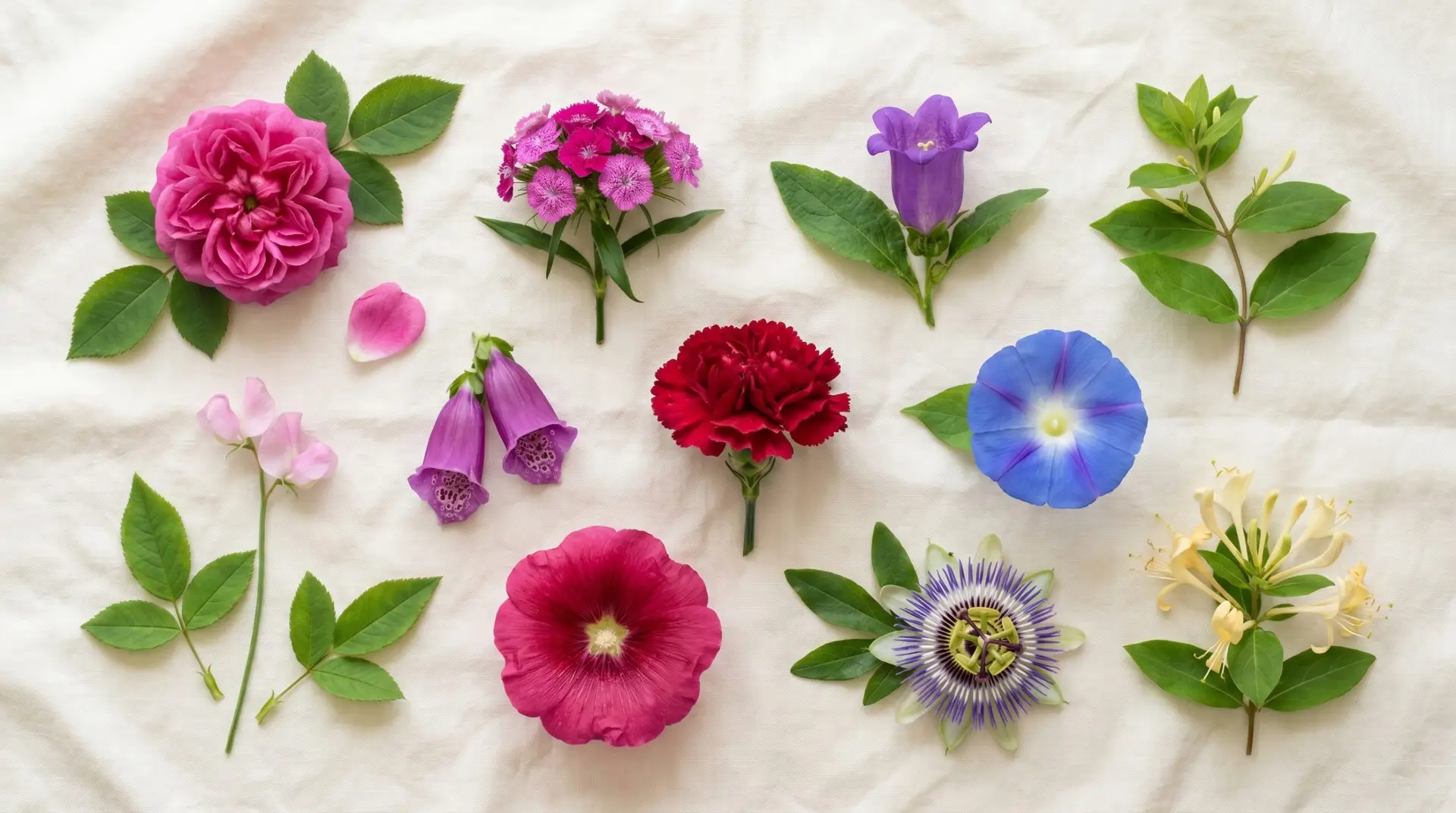 Flat-lay of Korean June birth flowers including Damask rose carnation honeysuckle and foxglove
