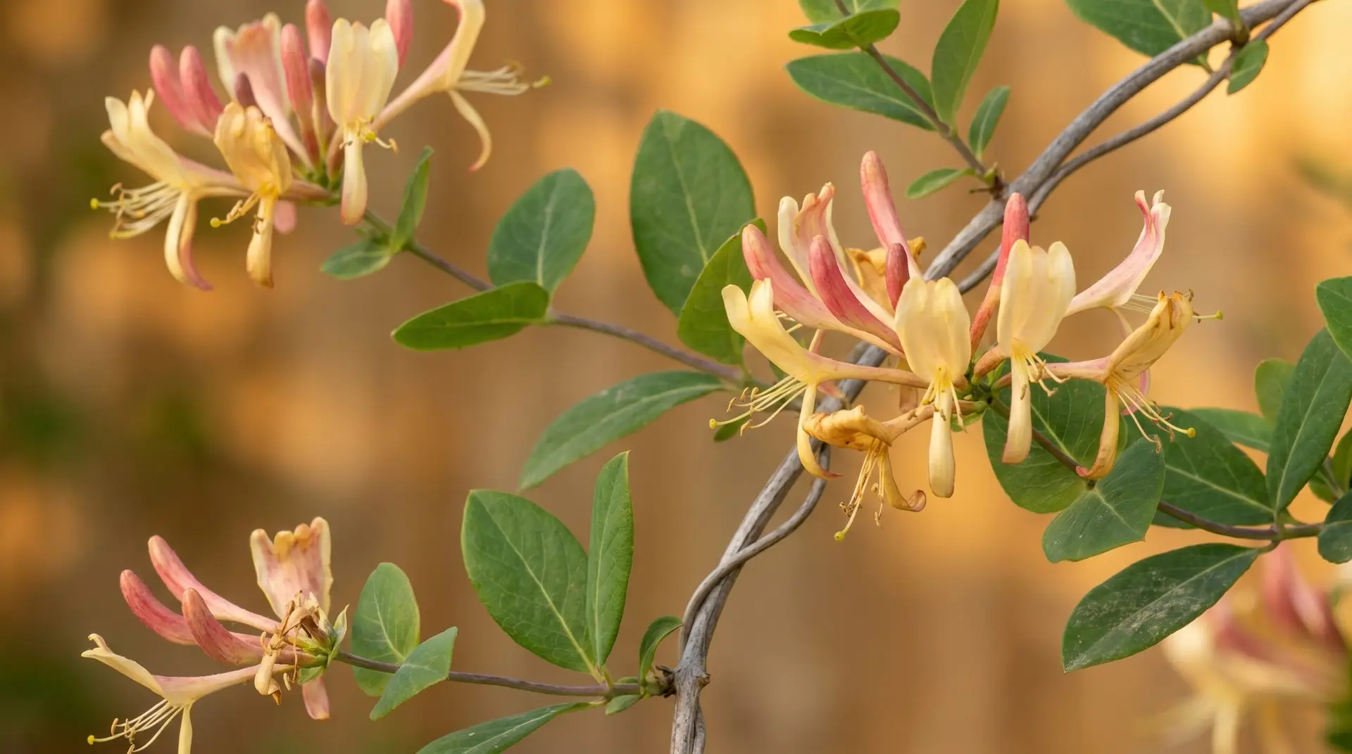 European honeysuckle climbing branch with cream-yellow tubular flowers in summer evening light