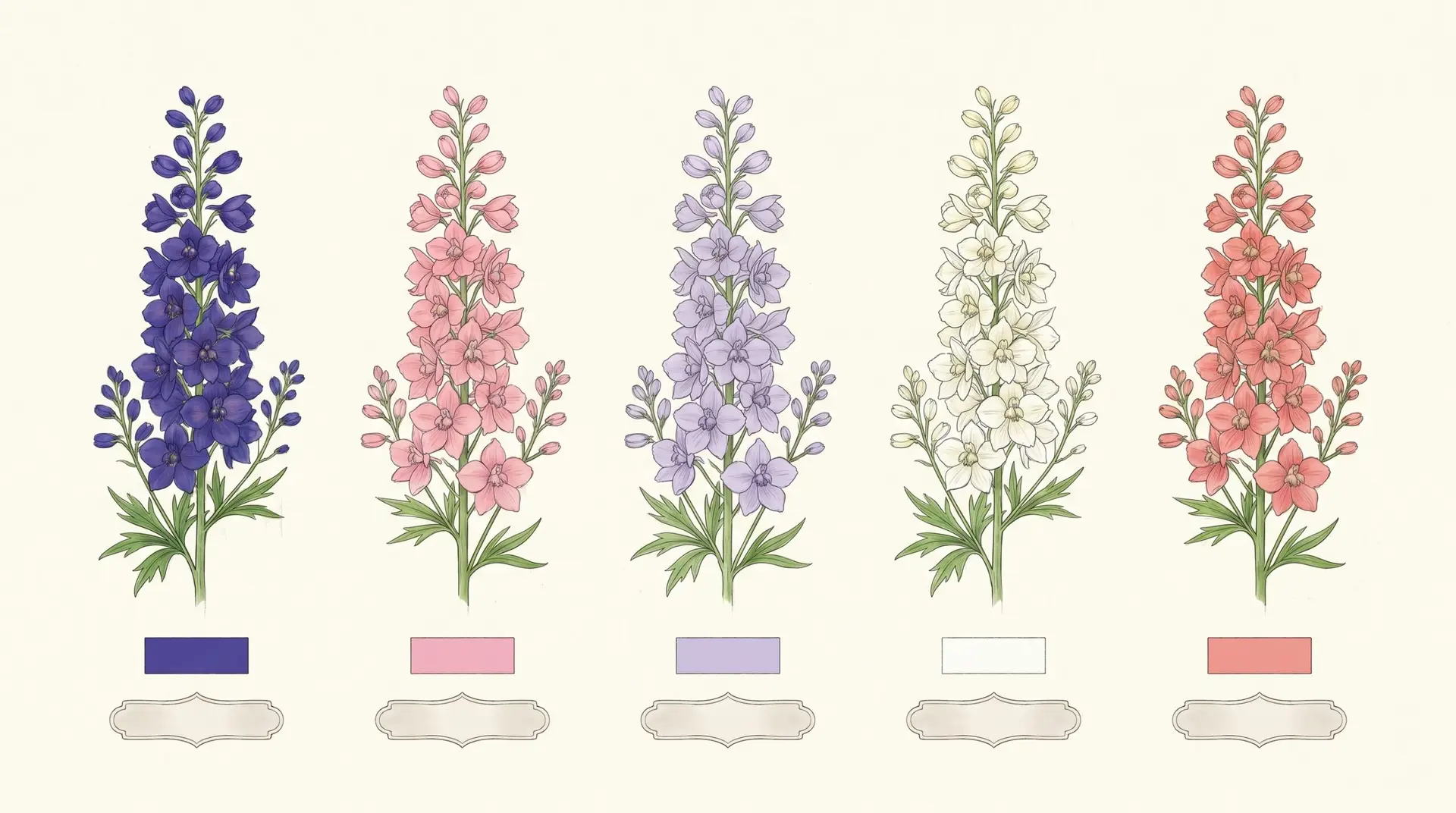 Five larkspur color varieties in botanical illustration: deep blue-purple pink lavender white salmon