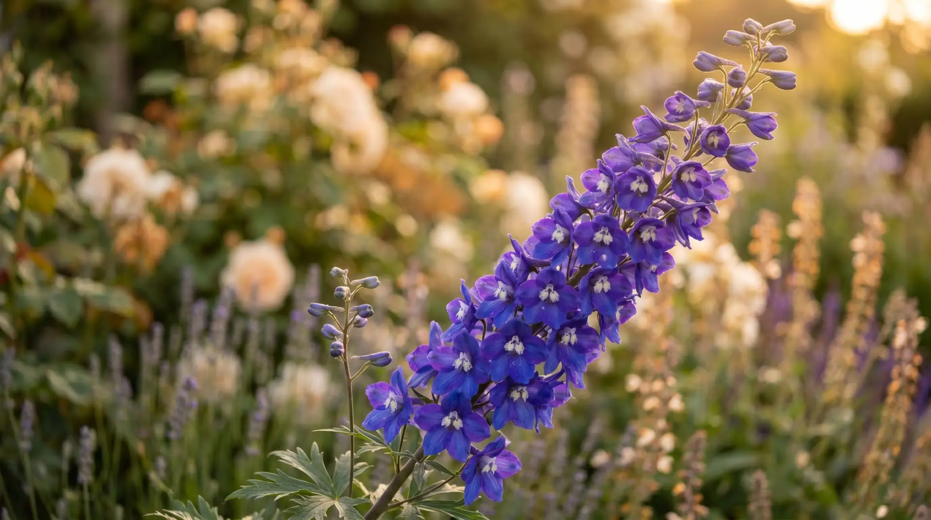 Tall deep blue-purple delphinium flowering spire in English cottage garden in warm afternoon light