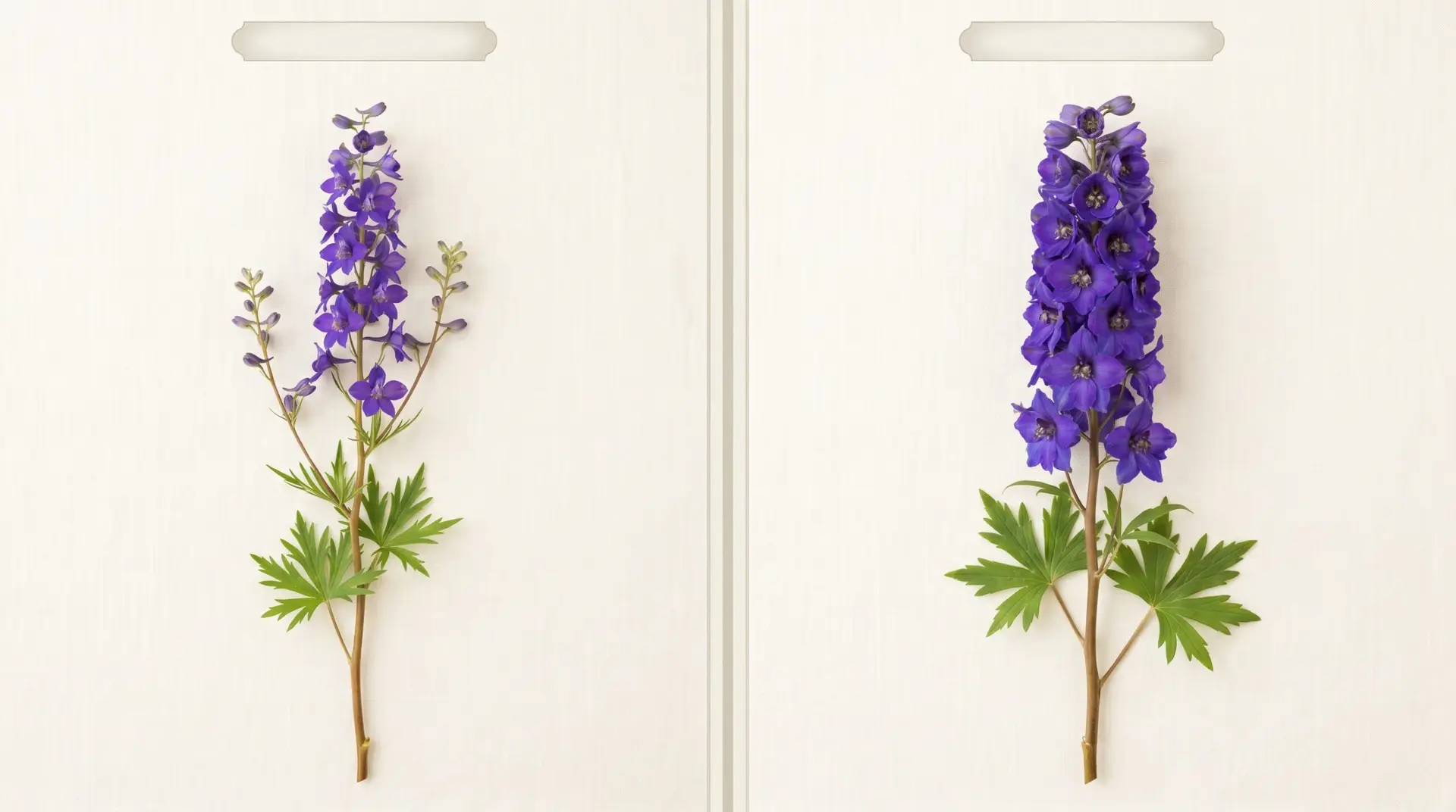 Split-frame comparison of annual Consolida larkspur and perennial Delphinium elatum hybrid spires