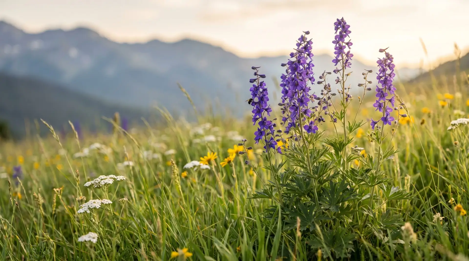 Wild western US Delphinium blooming in mountain meadow with distant blue-grey mountains