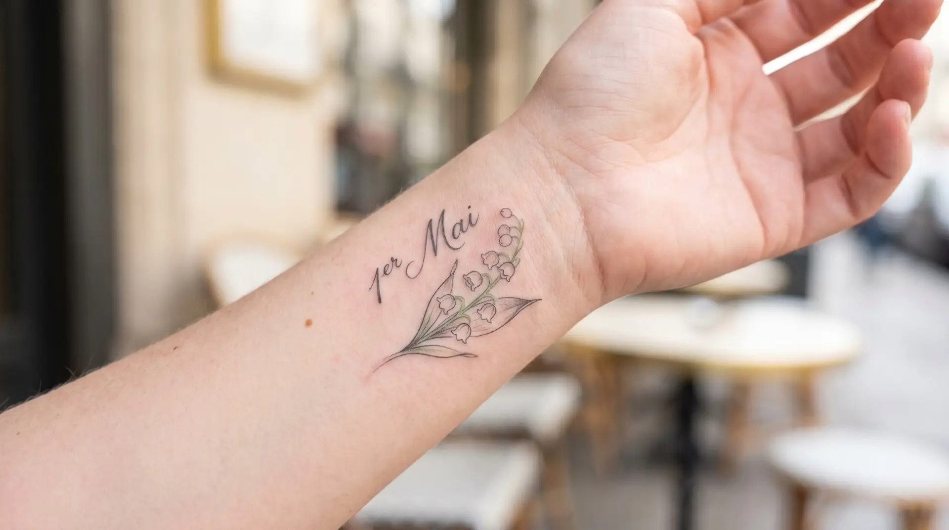French muguet tattoo on wrist with lily of the valley sprig and 1er Mai cursive script