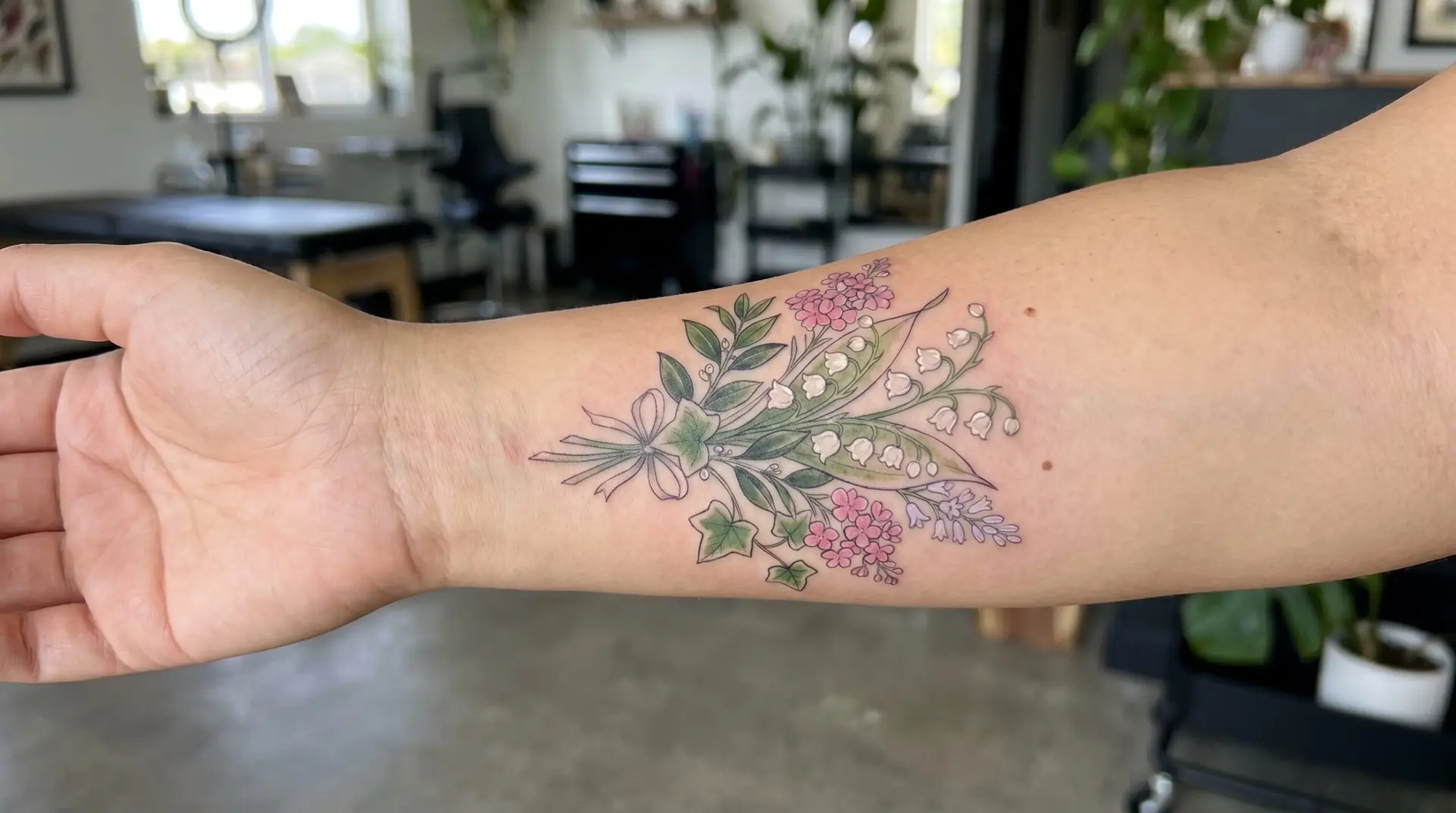 Royal wedding bouquet tattoo with lily of the valley myrtle sweet william ivy hyacinth on forearm
