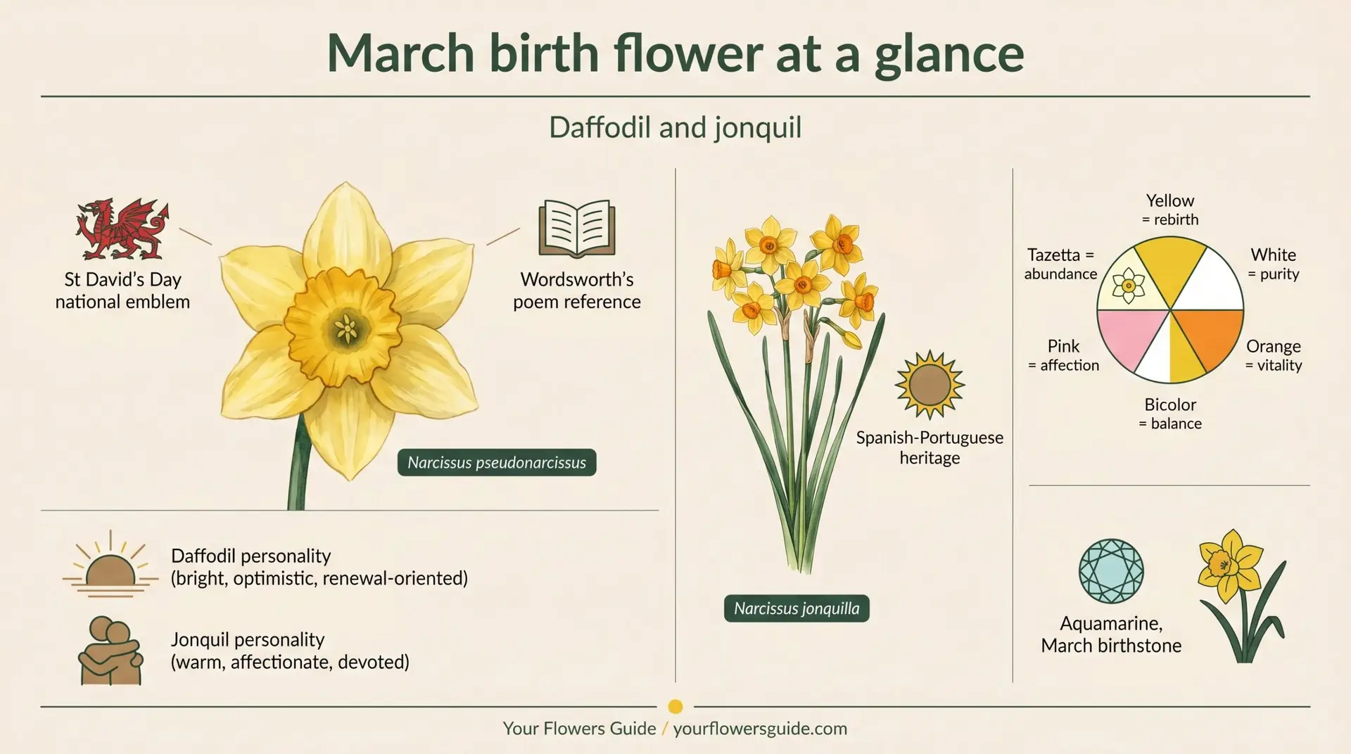 March birth flower at a glance infographic showing daffodil, jonquil, color wheel, traditions, and aquamarine