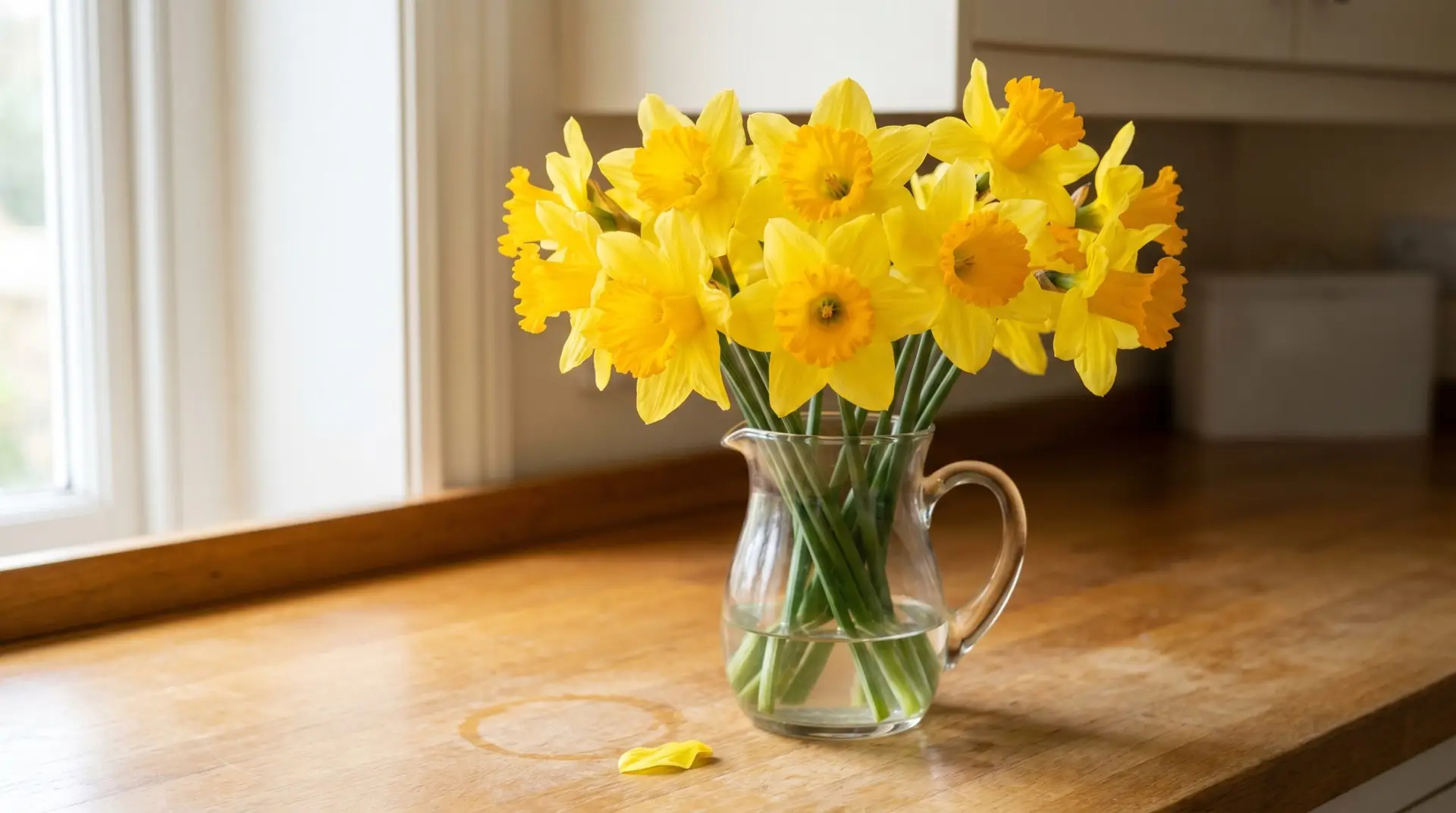 Bouquet of bright yellow daffodils in clear glass pitcher on sunlit kitchen counter in soft morning light