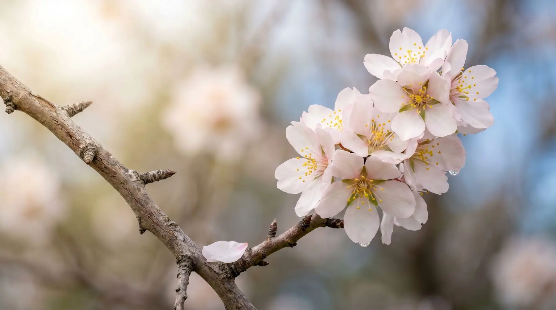Almond branch in full bloom with pink-white five-petal flowers around bright yellow stamens for White Day