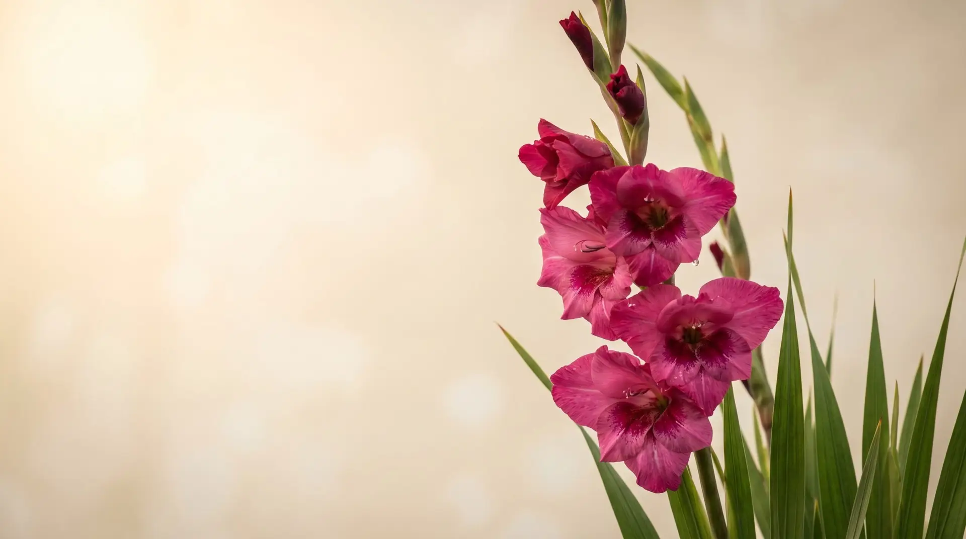 Tall deep pink gladiolus stem with multiple flowers blooming up sword-shape leaves as March 23 passionate love