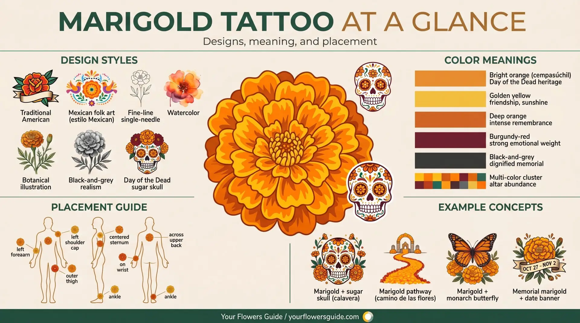Marigold tattoo at a glance infographic showing design styles colors placement and concepts