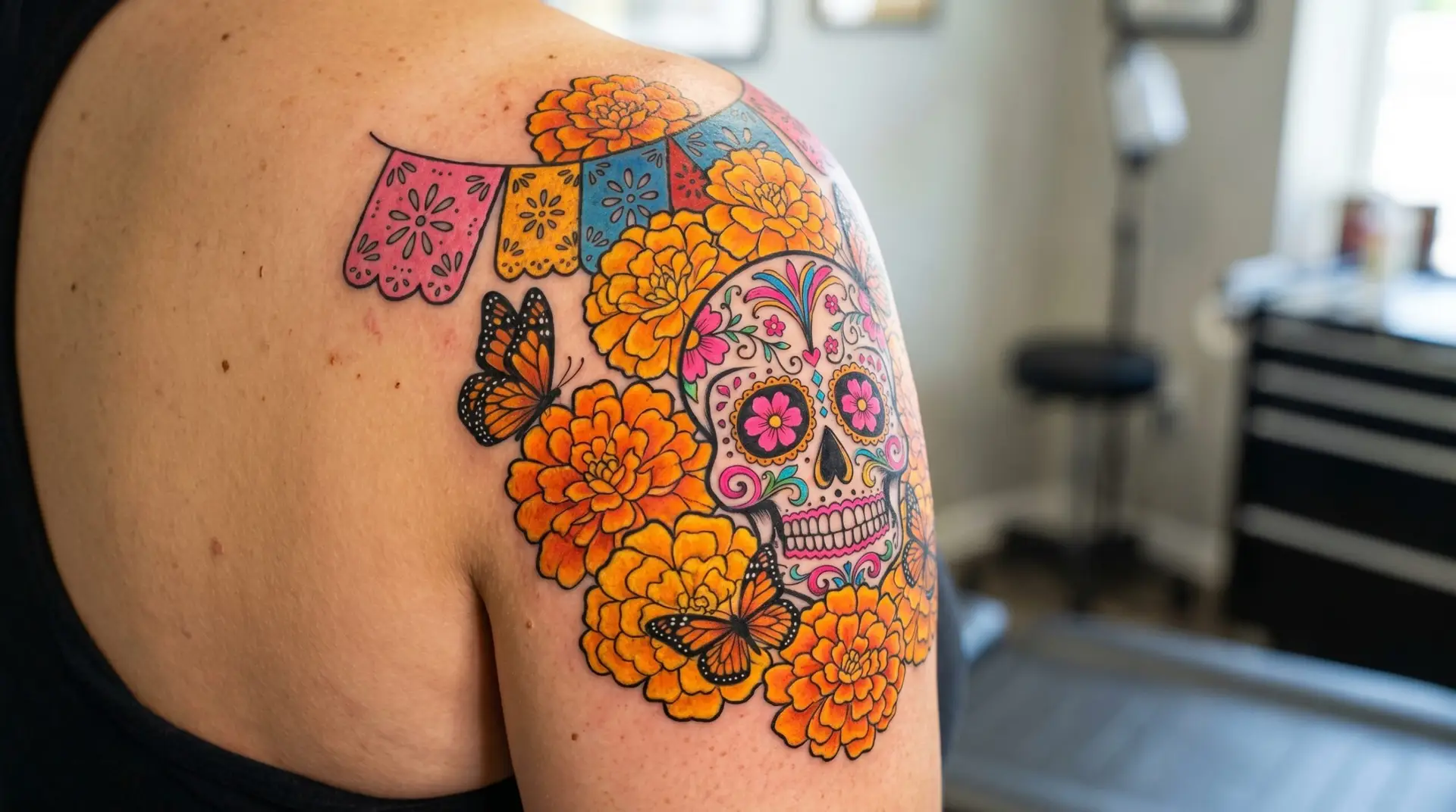 Day of the Dead sleeve tattoo with marigolds sugar skull papel picado and monarch butterfly