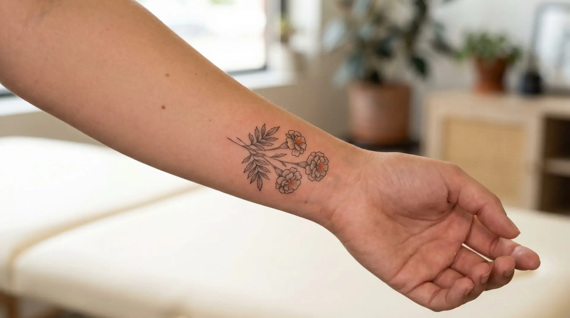 Fine-line marigold cluster tattoo on inner wrist with detailed petal structure and leaves