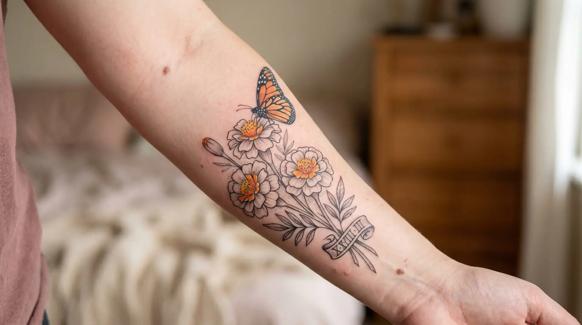 Memorial marigold tattoo on forearm with monarch butterfly and Roman numeral date banner