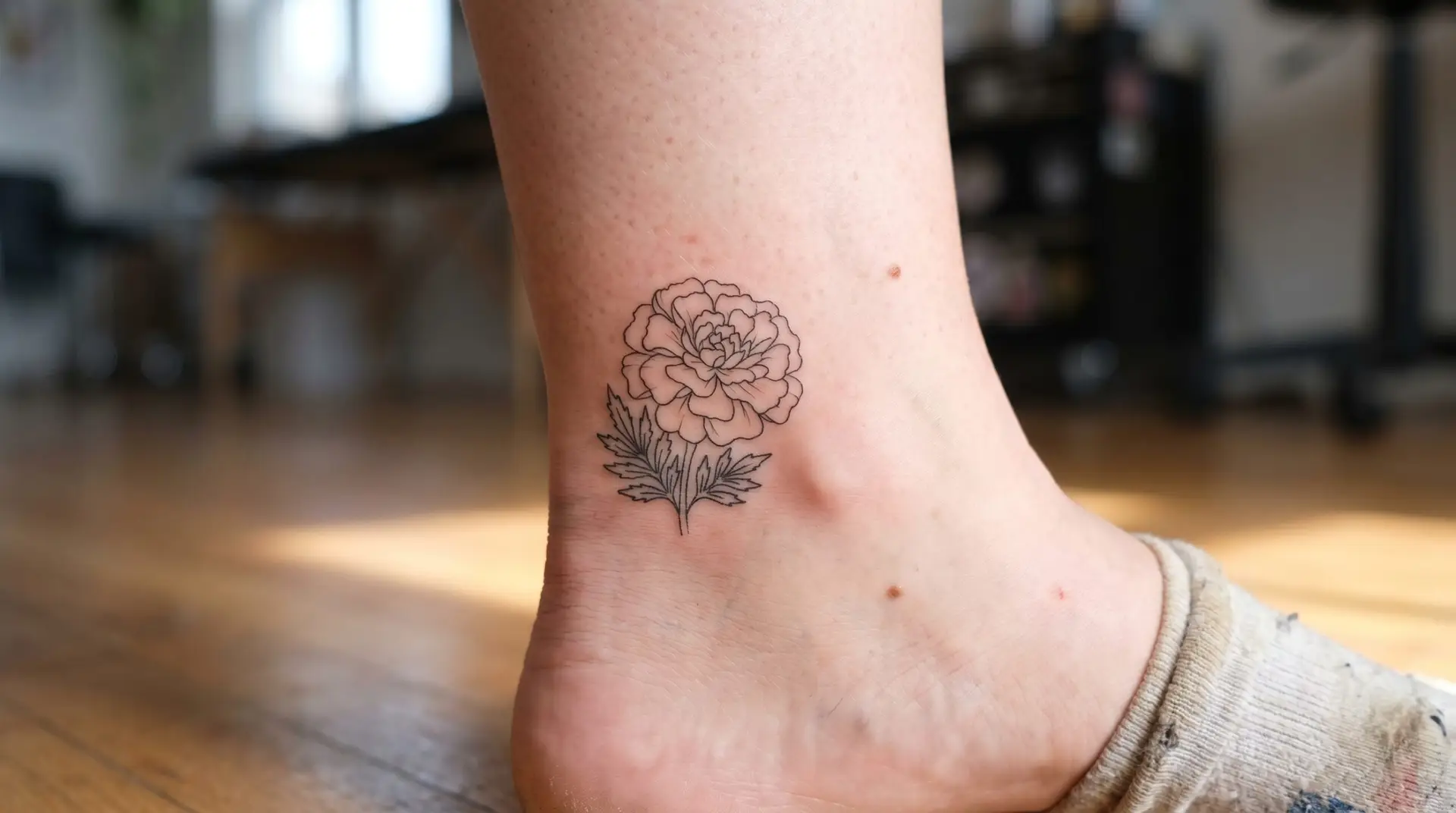 Small minimalist single marigold tattoo on outer ankle as October birth flower marker
