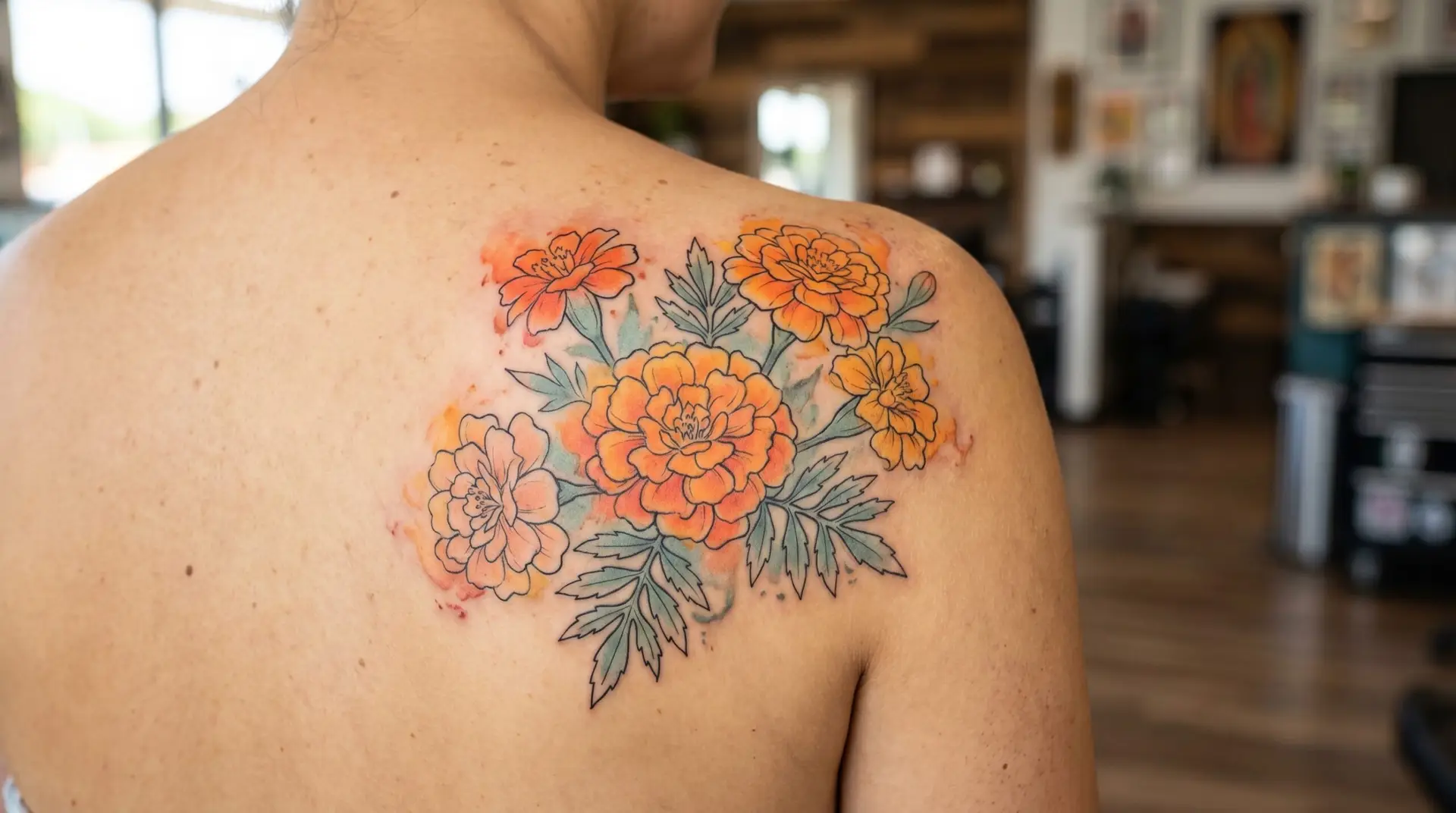 Watercolor marigold cluster tattoo on shoulder blade with warm orange and yellow color bleed