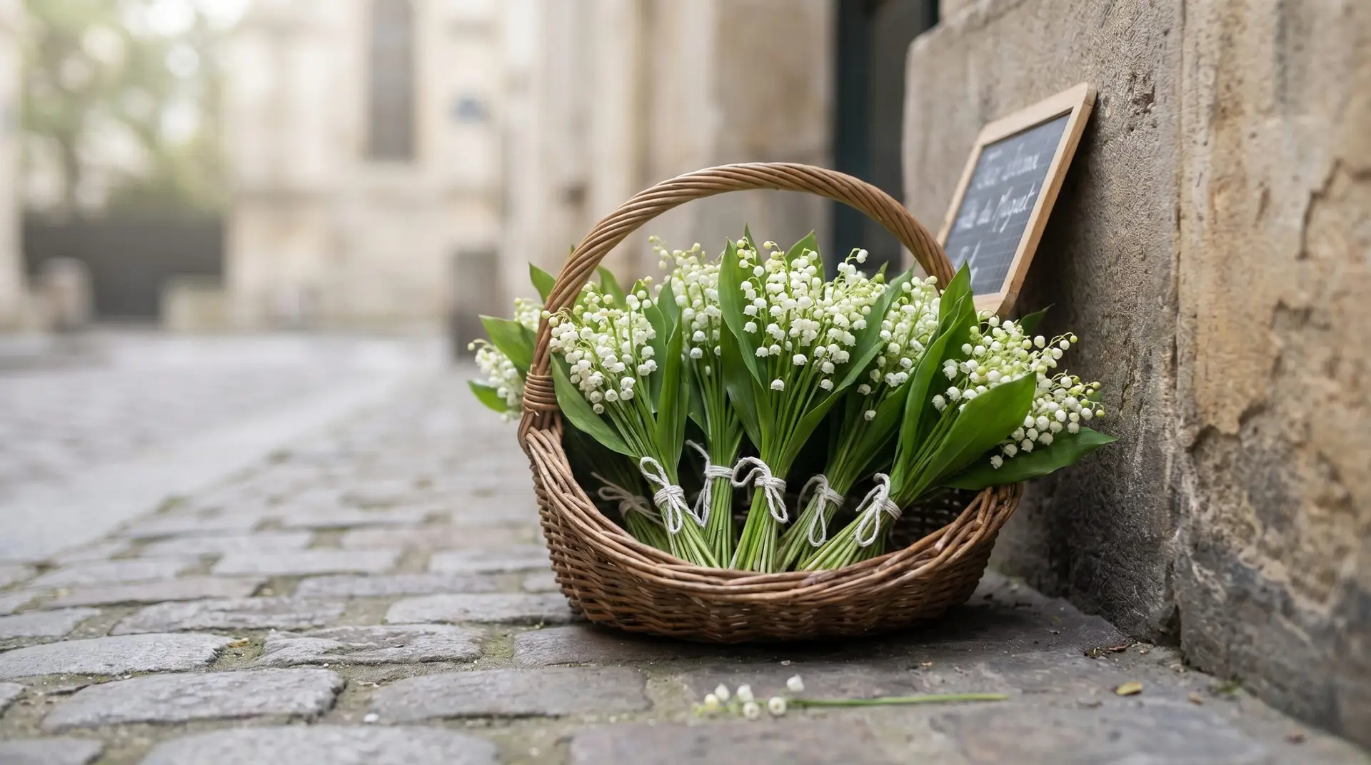 Wicker basket of fresh muguet sprigs on Parisian cobblestones for French Fête du Muguet May 1 tradition