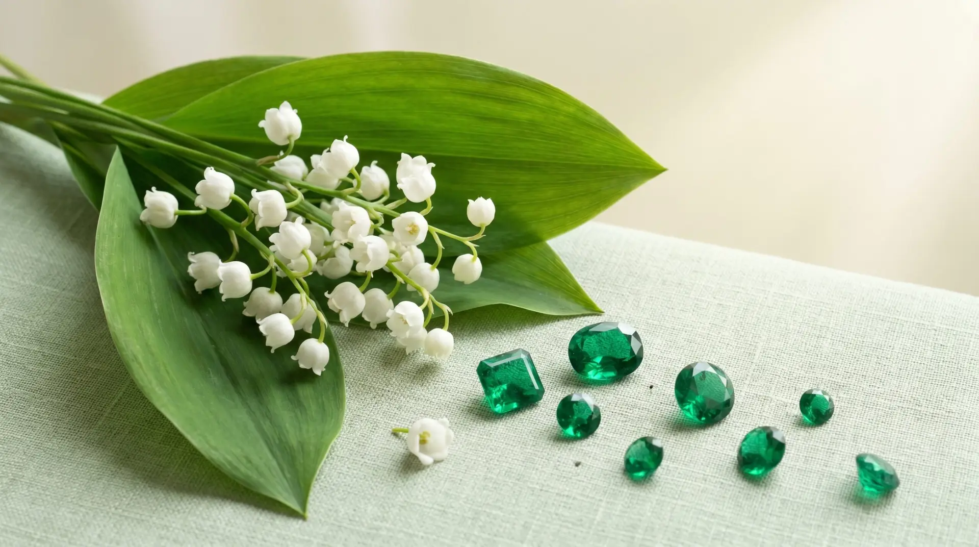 Fresh lily of the valley bunch alongside scattered loose faceted emerald stones on silver surface