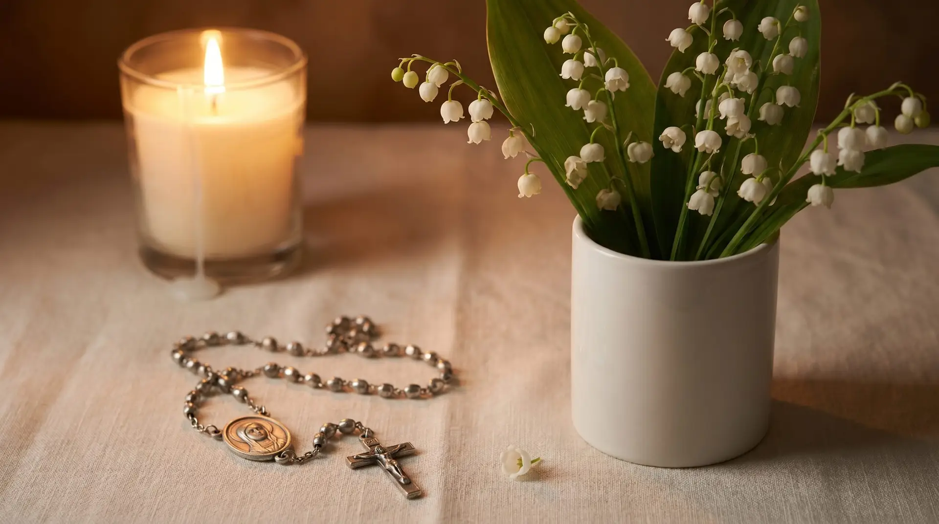 Lily of the valley bouquet beside Catholic rosary and candle in reverent Marian devotional arrangement