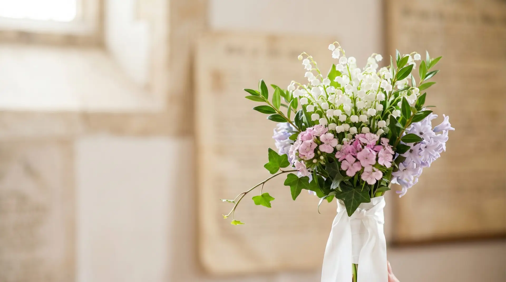 Elegant lily of the valley royal wedding bouquet with myrtle sweet william ivy and hyacinth