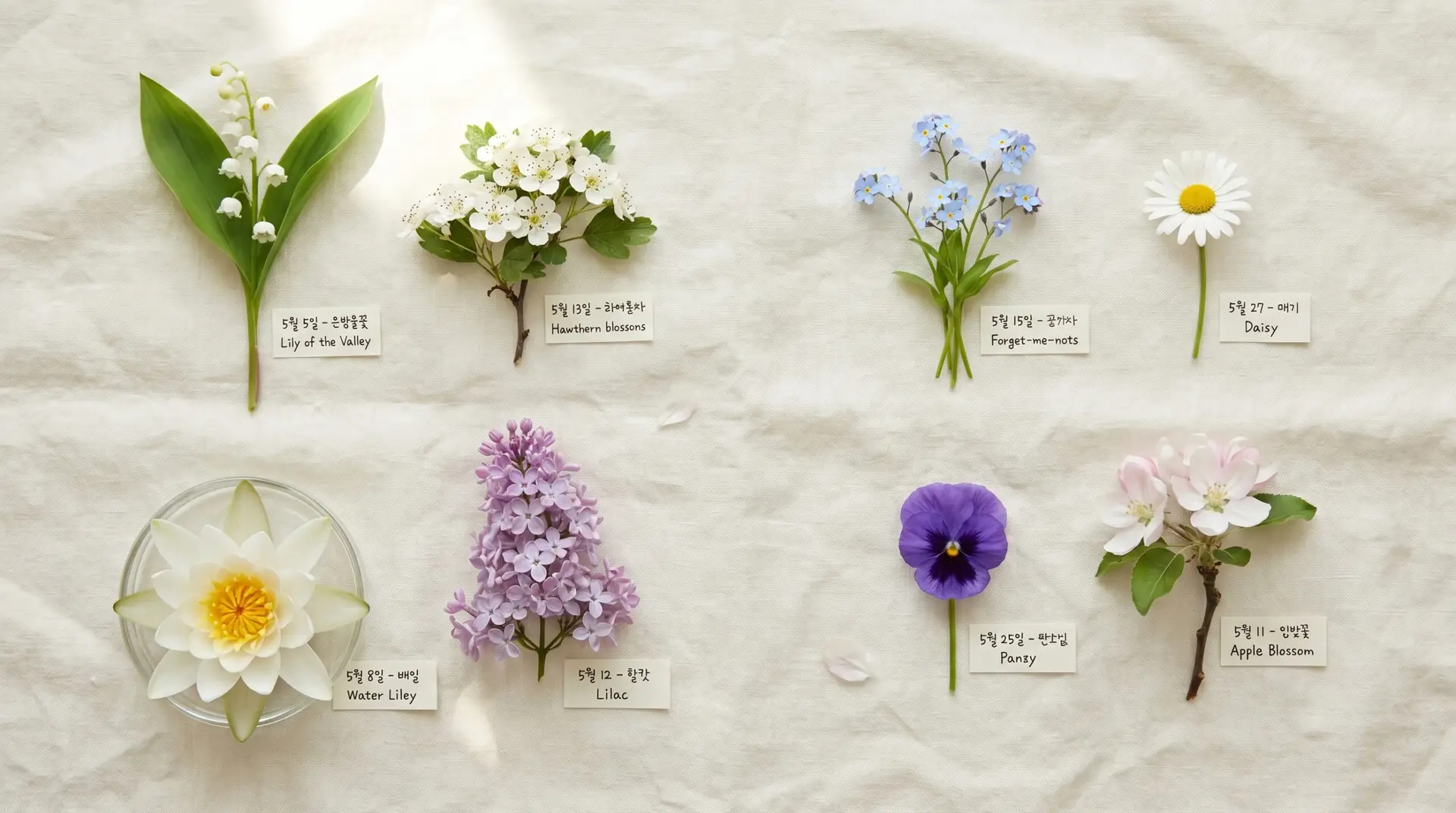 Flat-lay selection of Korean May birth flowers including lily of valley hawthorn lilac and pansy