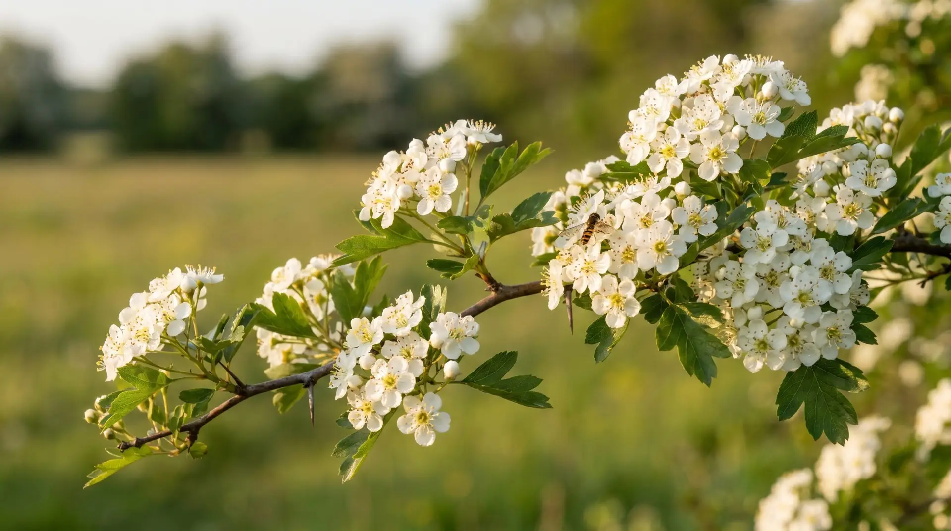 Flowering hawthorn branch with white 5-petal cluster as Korean May 13 only love flower