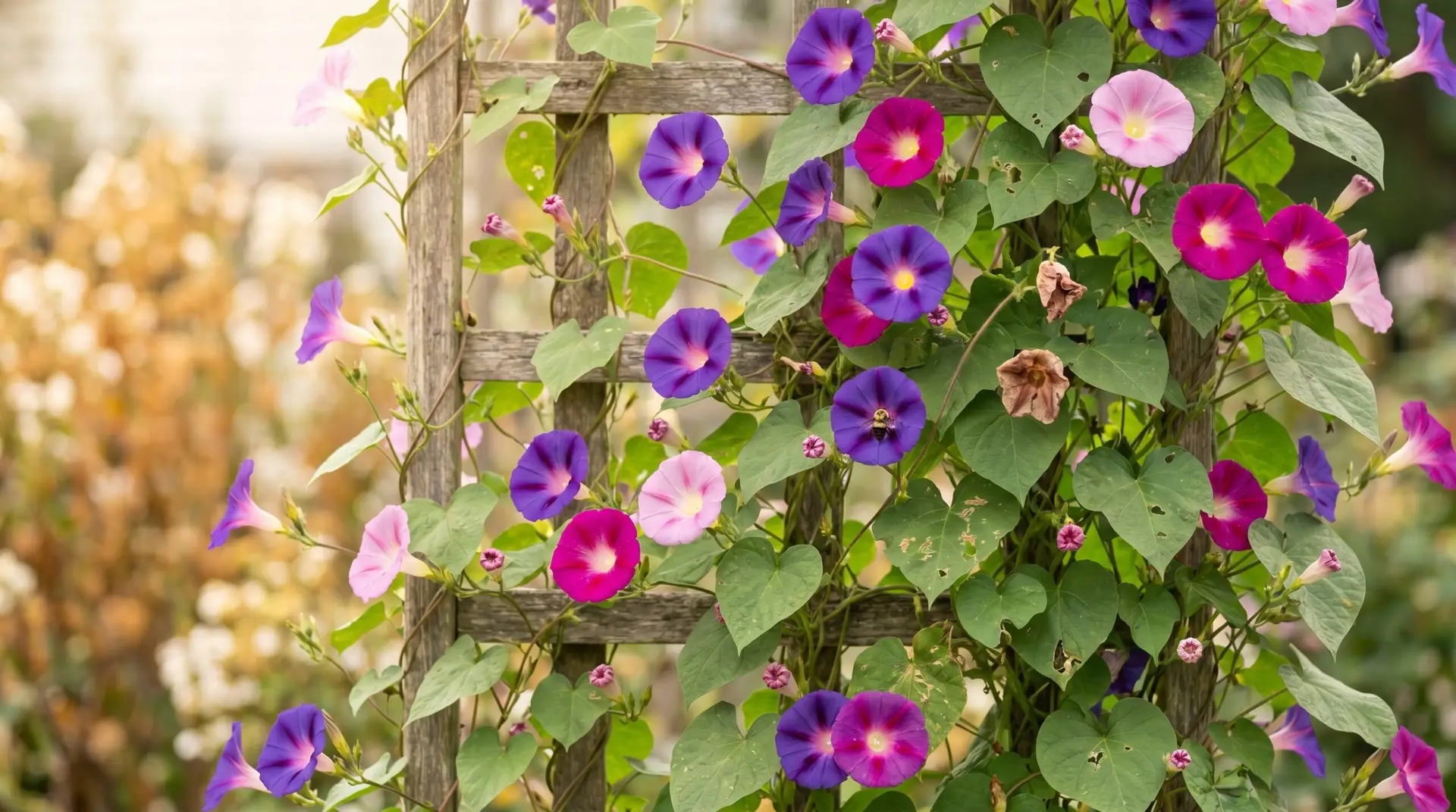 Mature morning glory vine climbing wooden trellis with mixed purple pink and magenta flowers