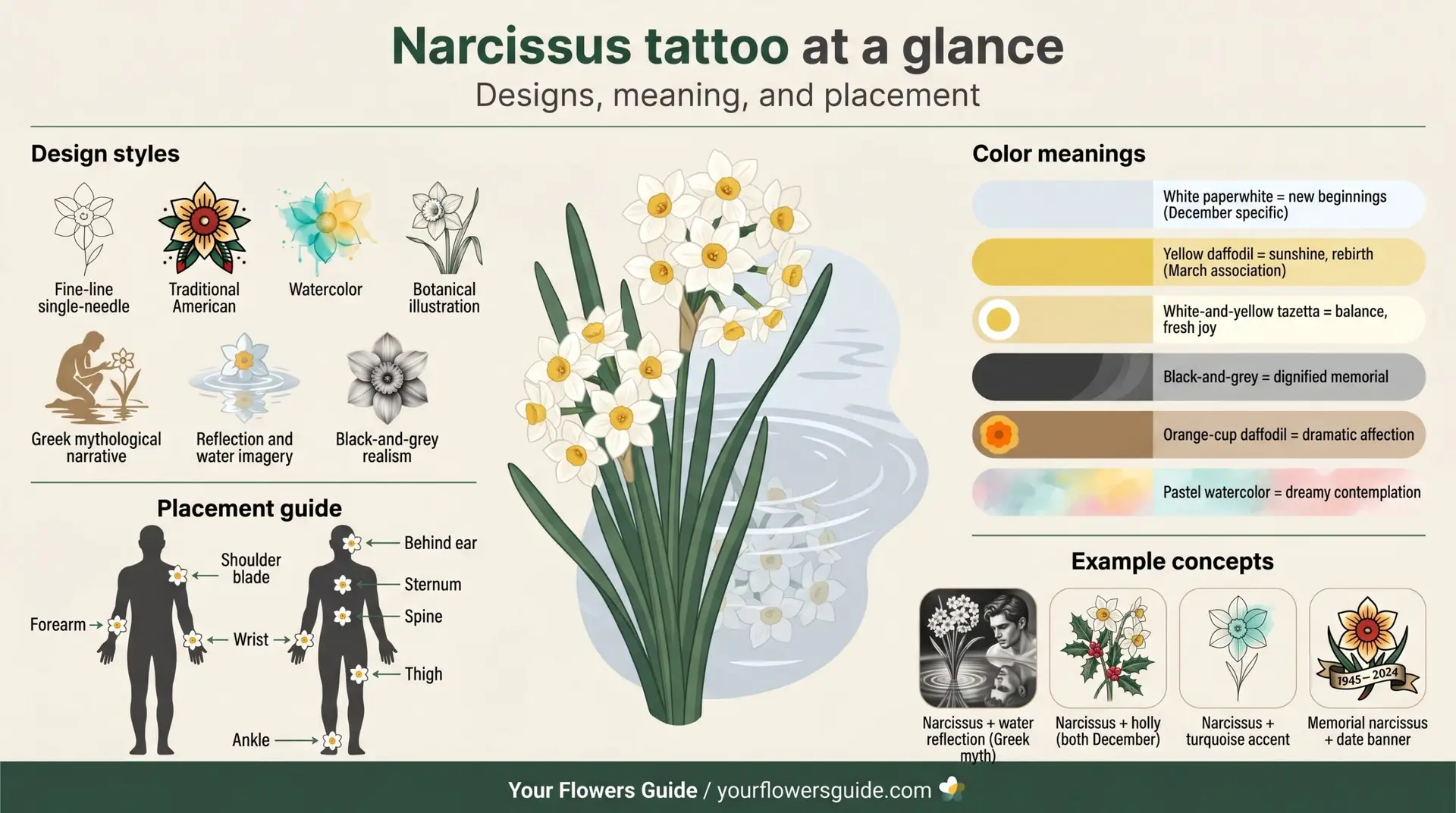 Narcissus tattoo at a glance infographic showing design styles colors placement and concepts