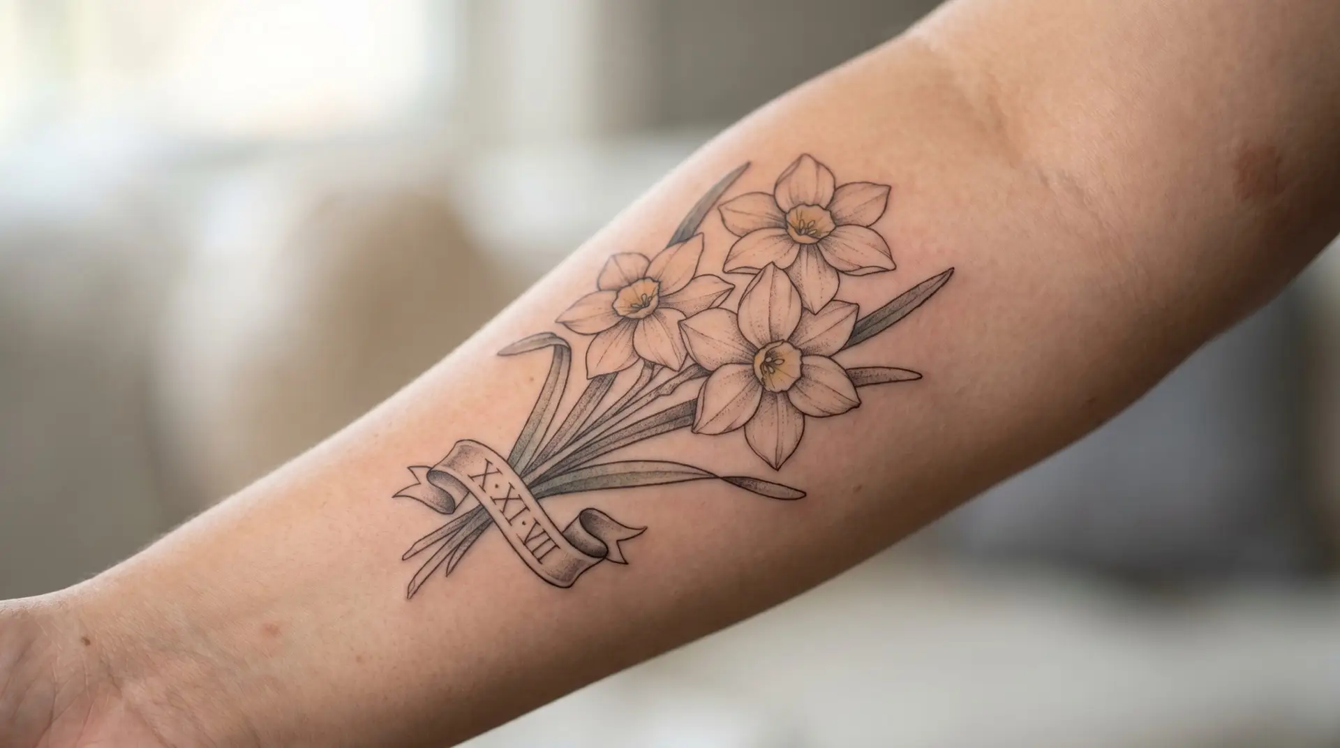 Memorial narcissus tattoo on forearm with botanical cluster and Roman numeral date banner