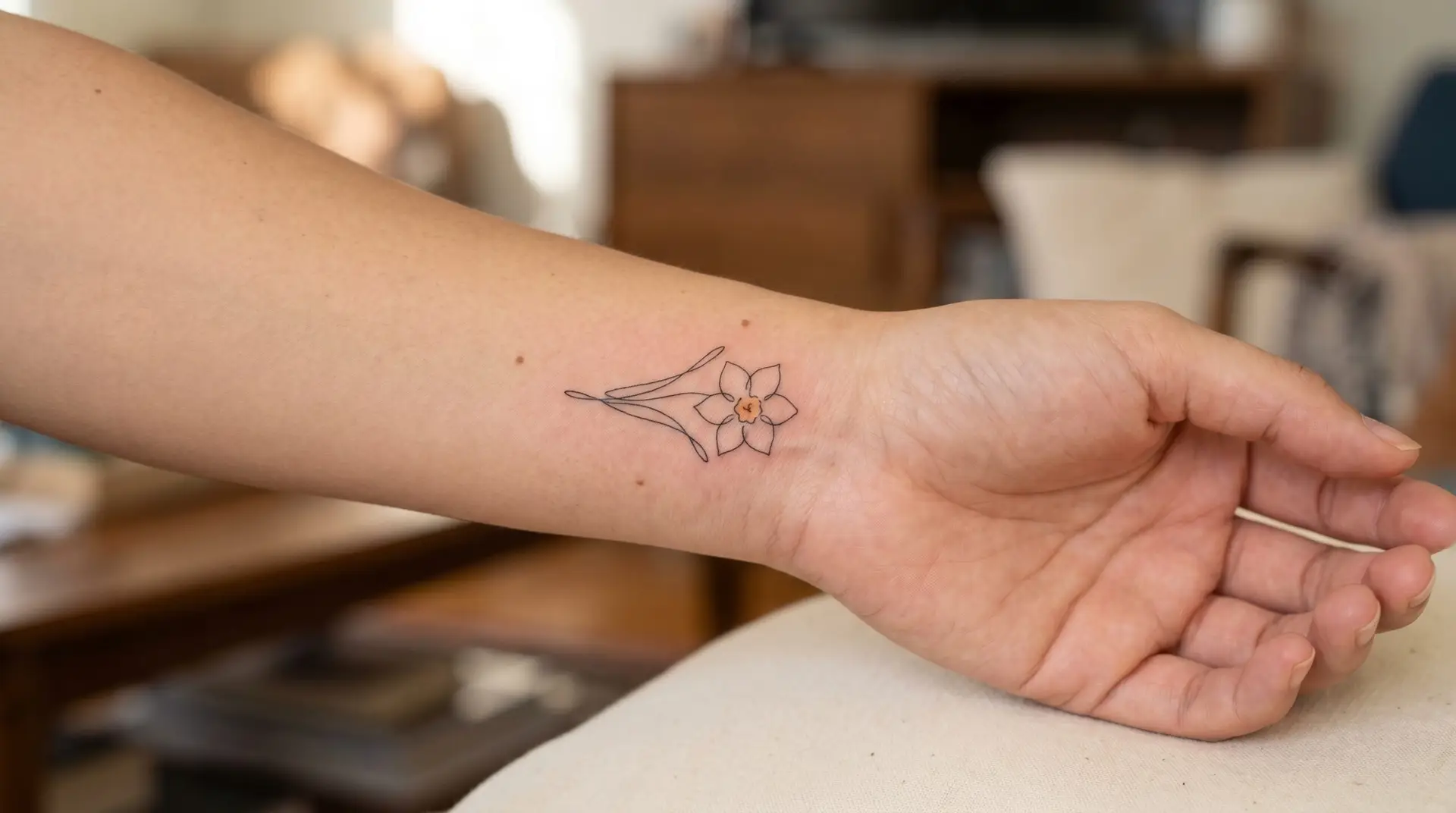 Small minimalist single paperwhite narcissus tattoo on inner wrist December birth flower marker