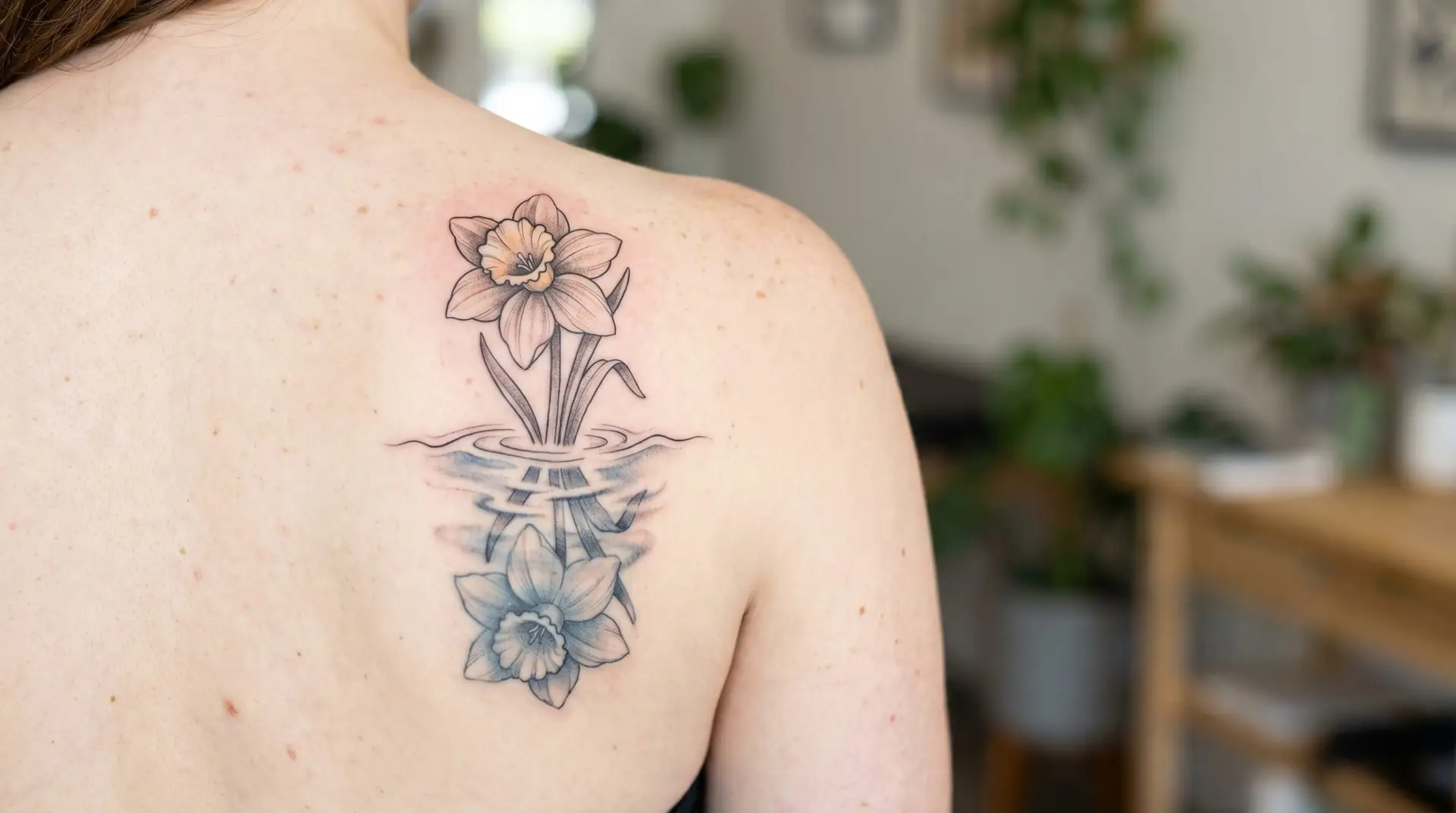Narcissus tattoo with stylized water reflection on shoulder blade Greek mythology reference