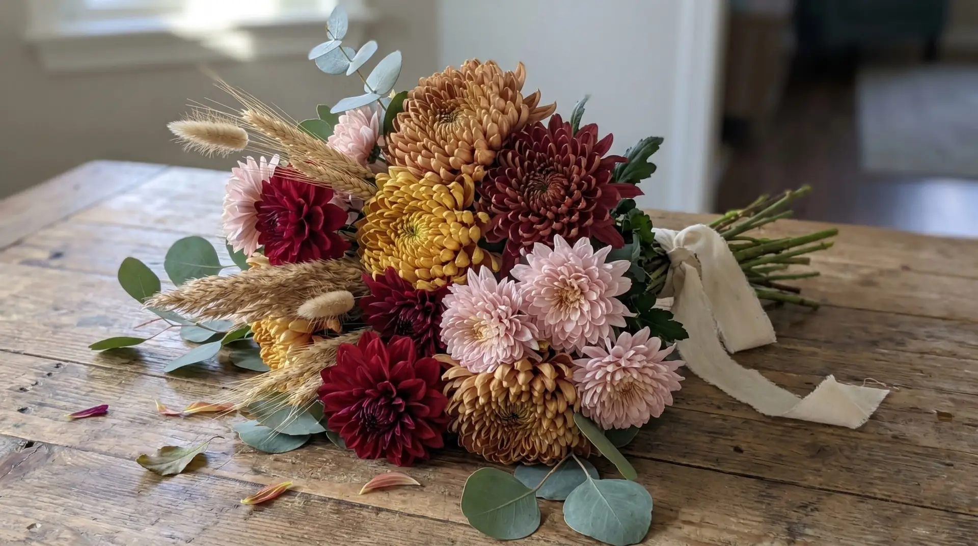 November birthday bouquet with bronze chrysanthemums peony-form spray dahlia eucalyptus on wood