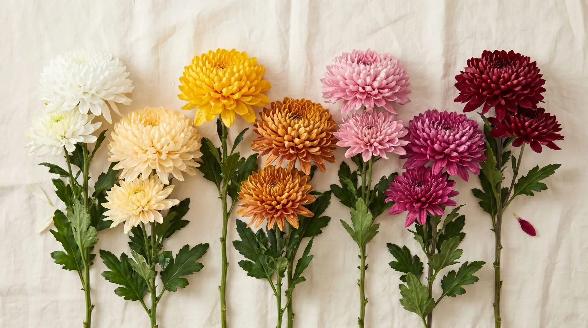Seven chrysanthemum color varieties from white to burgundy arranged for botanical color reference