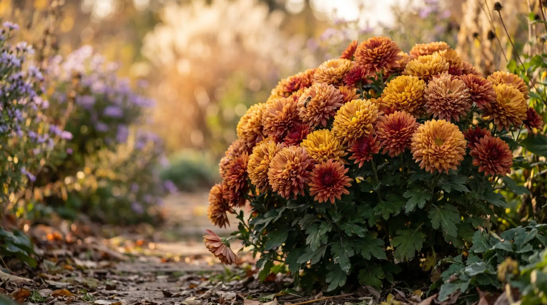 Dense cluster of bronze yellow and burgundy chrysanthemums in late autumn garden as November birth flower