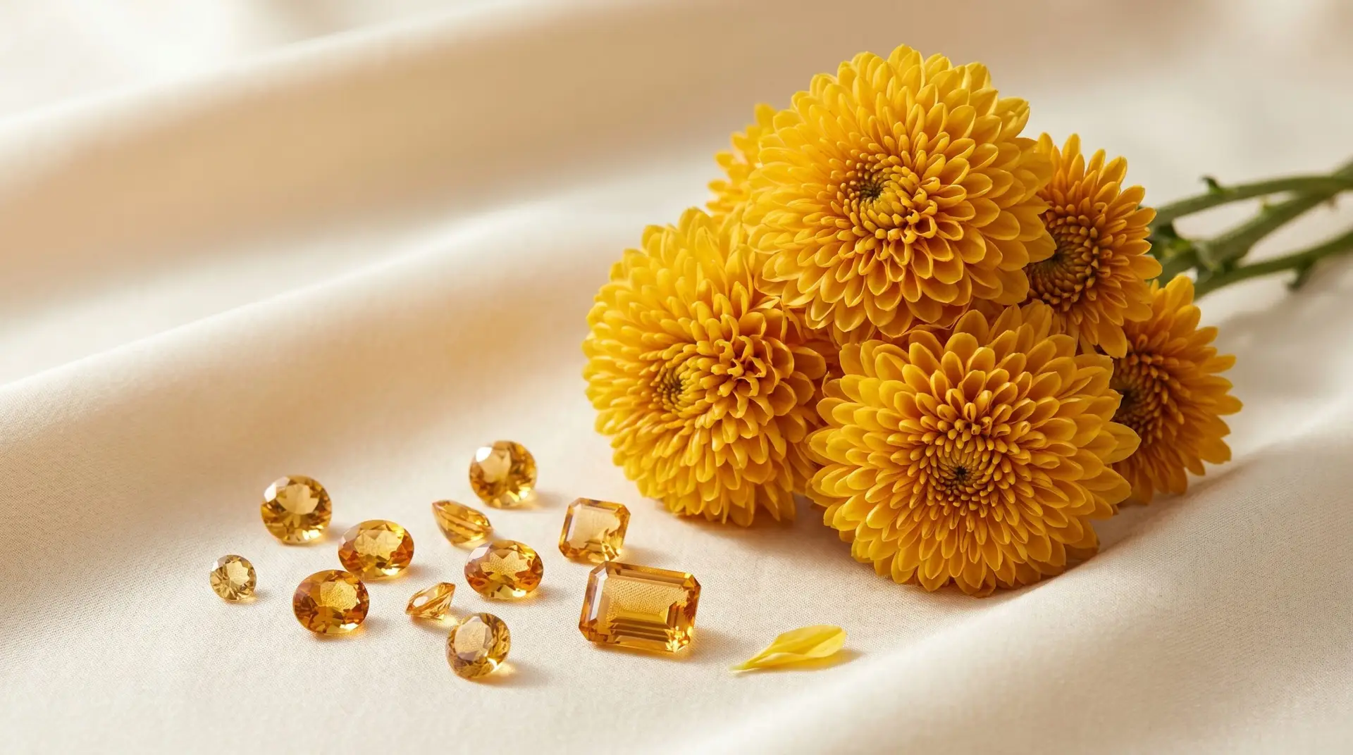 Golden yellow chrysanthemums beside scattered loose topaz gemstones on cream silk birthstone pairing